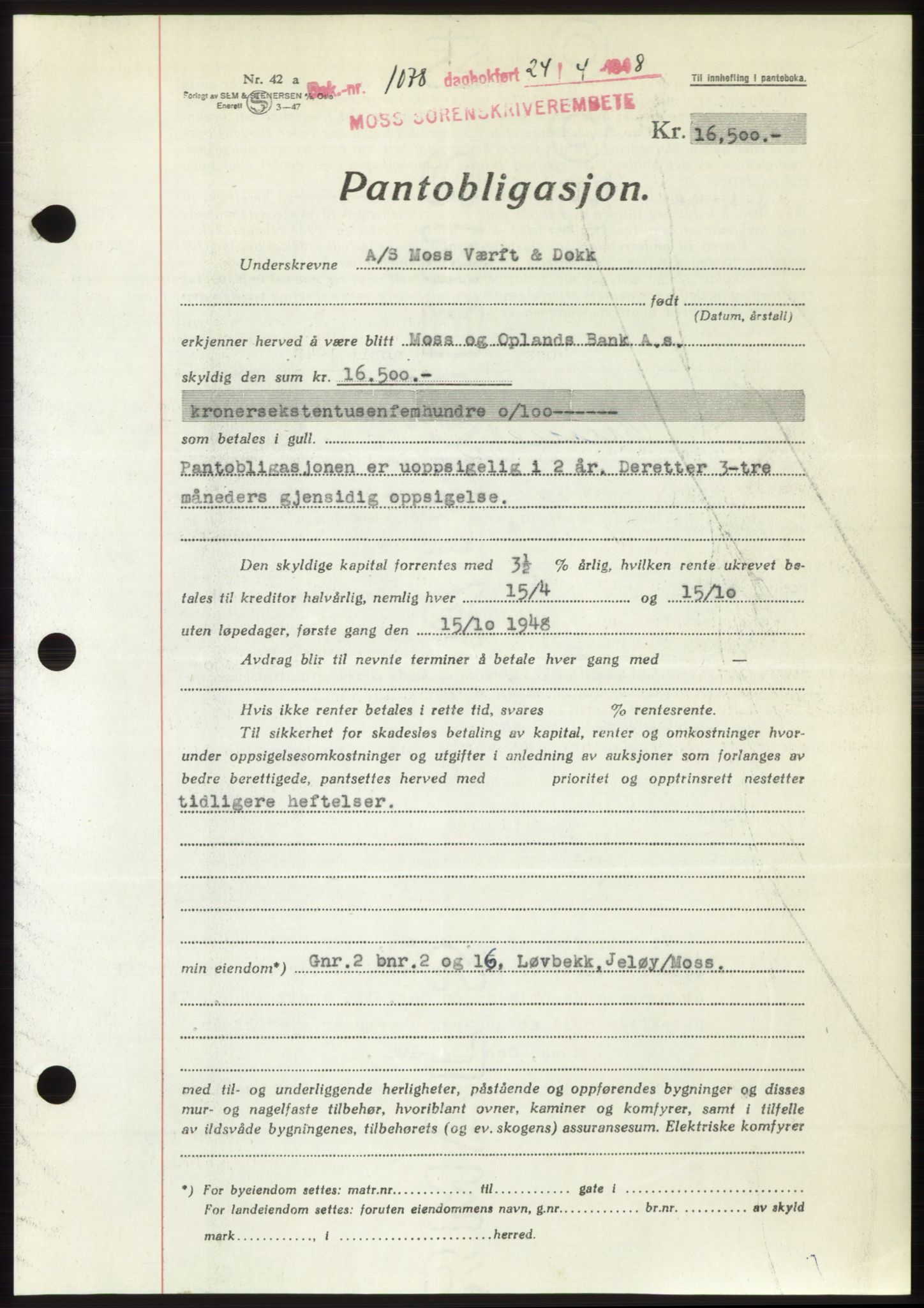 Moss sorenskriveri, SAO/A-10168: Pantebok nr. B19, 1948-1948, Dagboknr: 1078/1948
