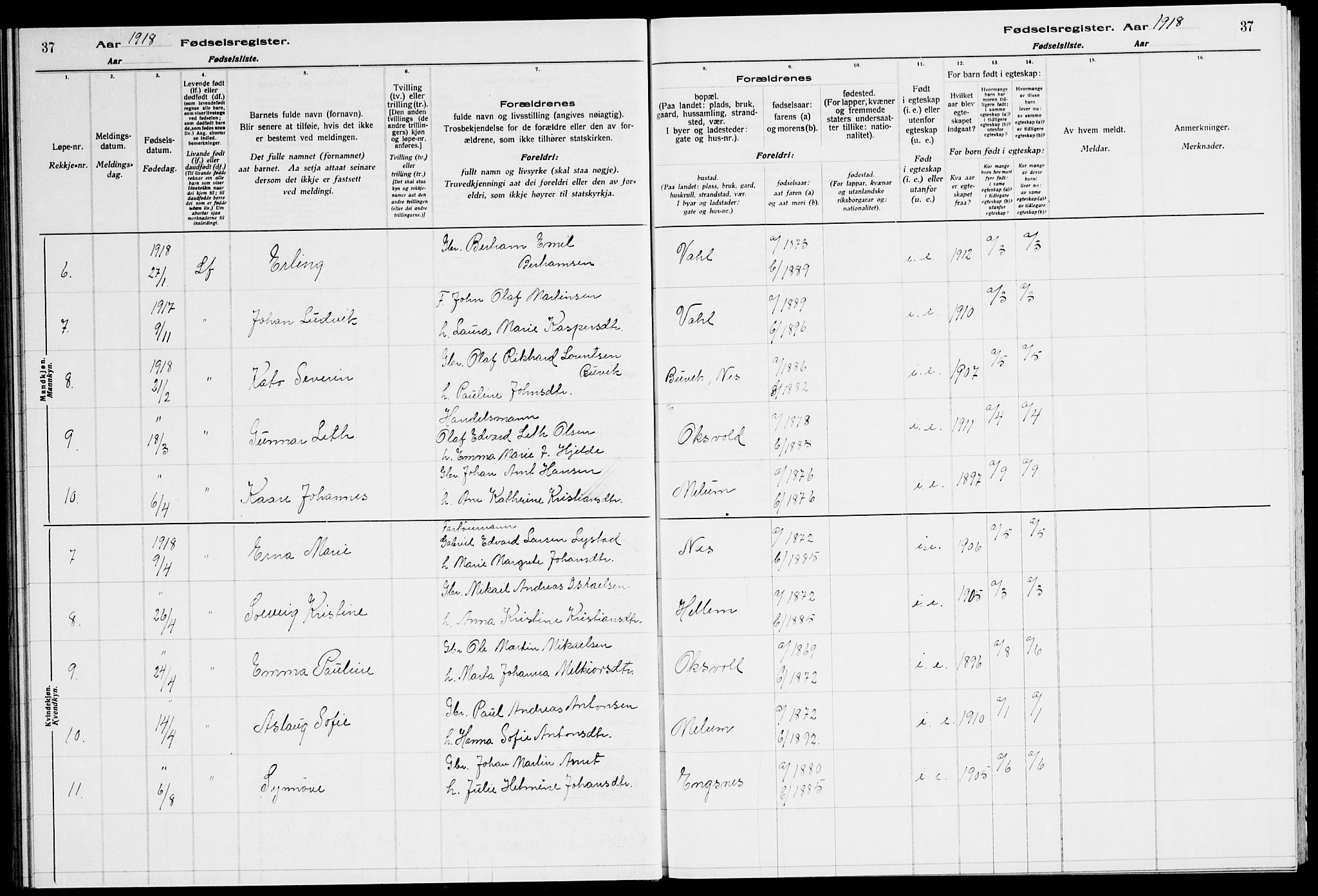 Ministerialprotokoller, klokkerbøker og fødselsregistre - Sør-Trøndelag, AV/SAT-A-1456/651/L0650: Fødselsregister nr. 651.II.4.1, 1916-1923, s. 37