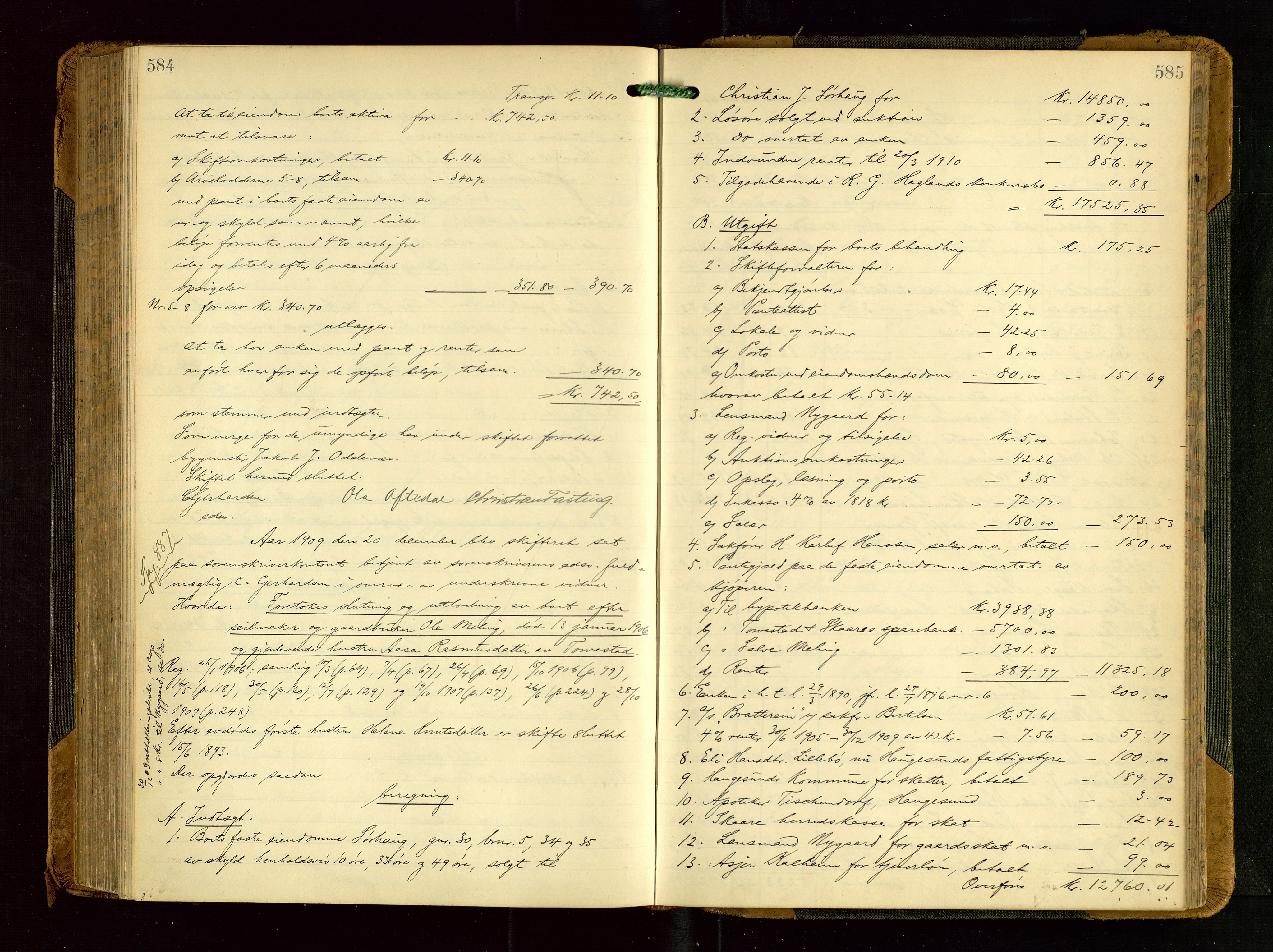 Karmsund sorenskriveri, AV/SAST-A-100311/01/IV/IVGB/L0001: SKIFTEUTLODNINGSPROTOKOLL, 1904-1911, s. 584-585