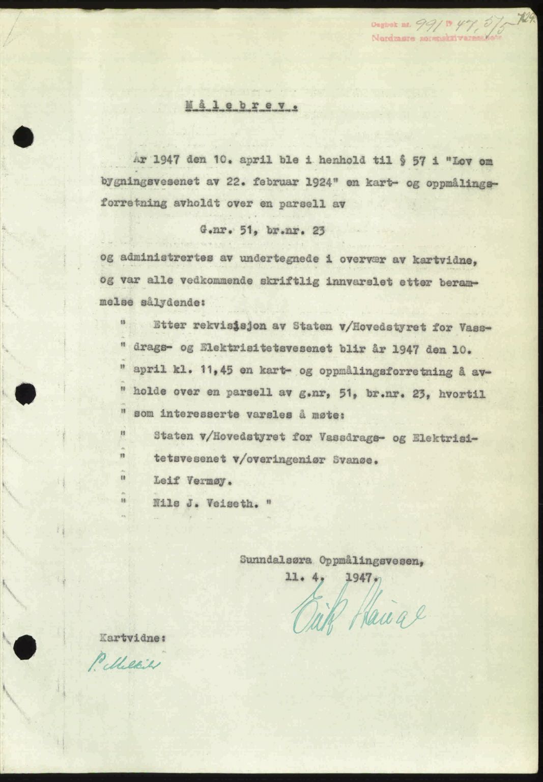 Nordmøre sorenskriveri, SAT/A-4132/1/2/2Ca: Pantebok nr. A104, 1947-1947, Dagboknr: 991/1947