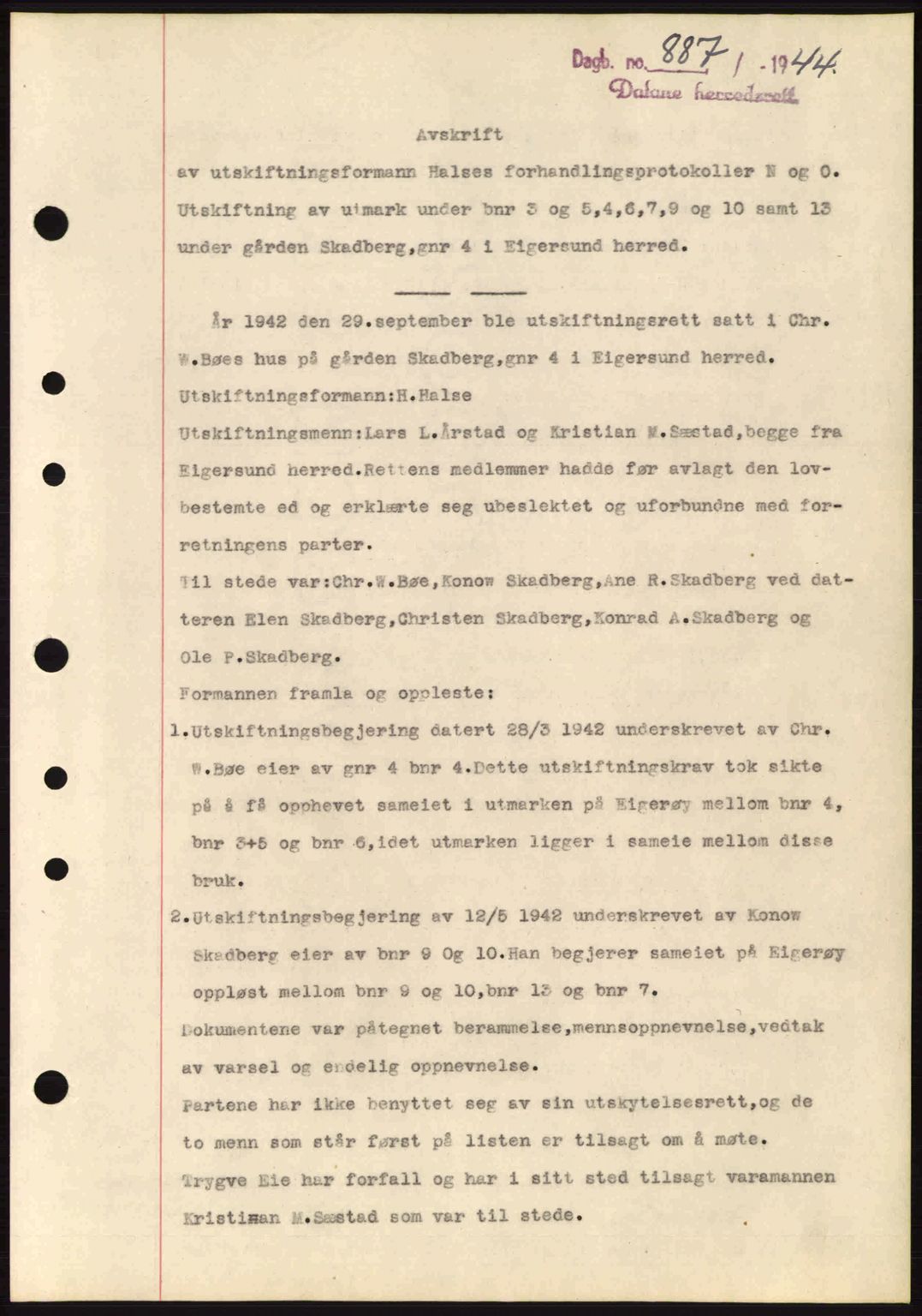 Dalane sorenskriveri, SAST/A-100309/02/G/Gb/L0047: Pantebok nr. A8 I, 1944-1945, Dagboknr: 887/1944