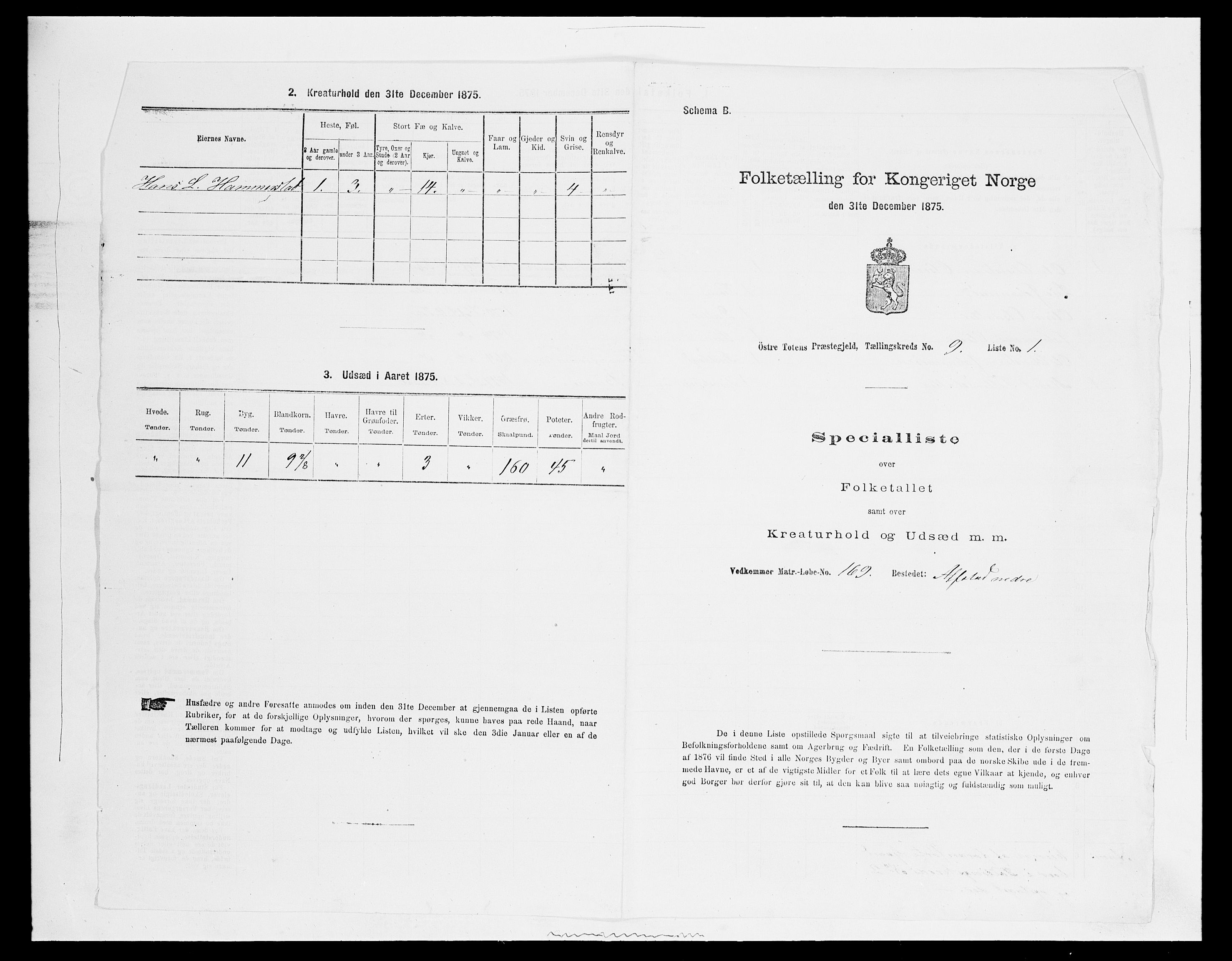 SAH, Folketelling 1875 for 0528P Østre Toten prestegjeld, 1875, s. 1615