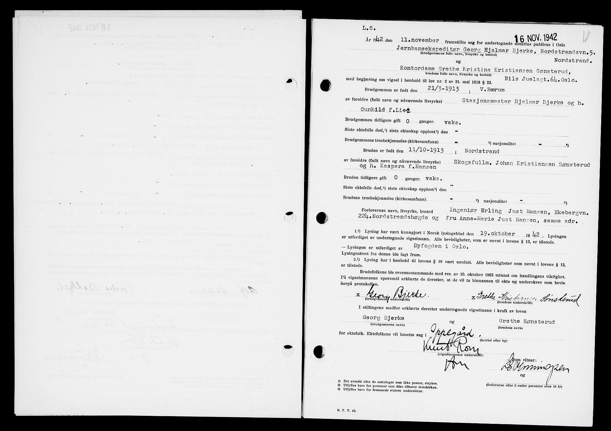 Oslo byfogd avd. I, AV/SAO-A-10220/L/Lb/Lbb/L0042: Notarialprotokoll, rekke II: Vigsler, 1942