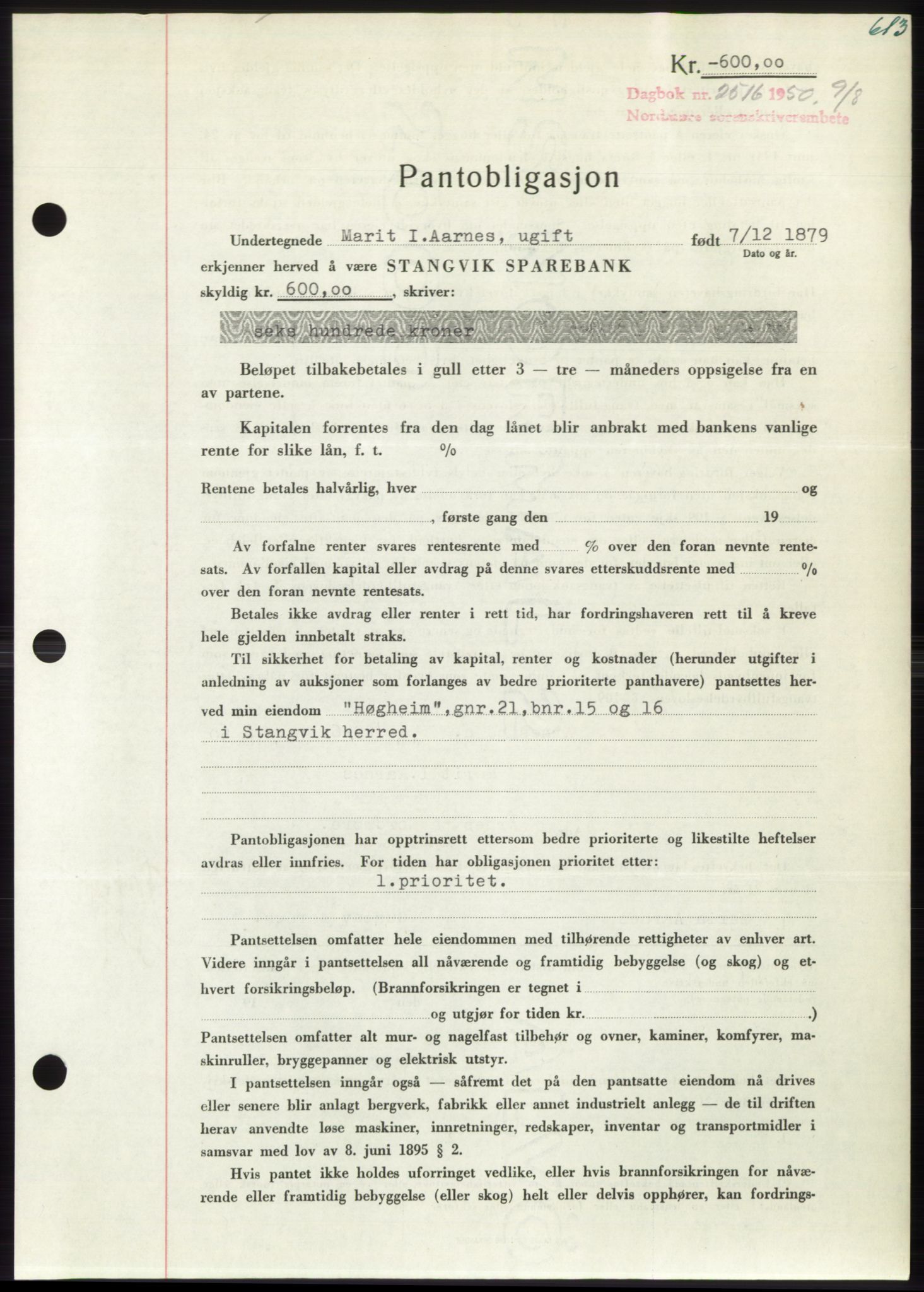 Nordmøre sorenskriveri, AV/SAT-A-4132/1/2/2Ca: Pantebok nr. B105, 1950-1950, Dagboknr: 2516/1950