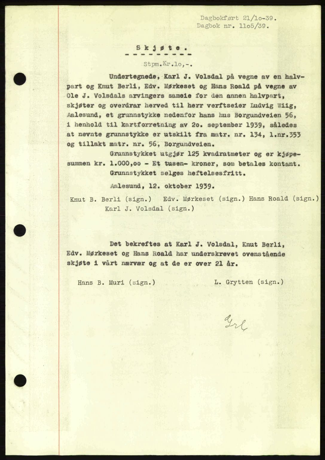 Ålesund byfogd, AV/SAT-A-4384: Pantebok nr. 34 II, 1938-1940, Dagboknr: 1105/1939