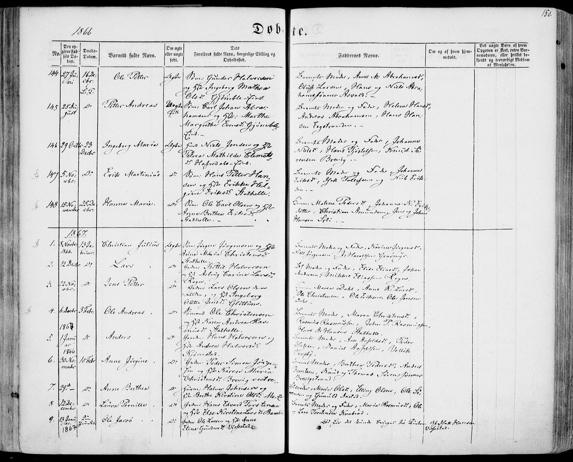 Bamble kirkebøker, AV/SAKO-A-253/F/Fa/L0005: Ministerialbok nr. I 5, 1854-1869, s. 150