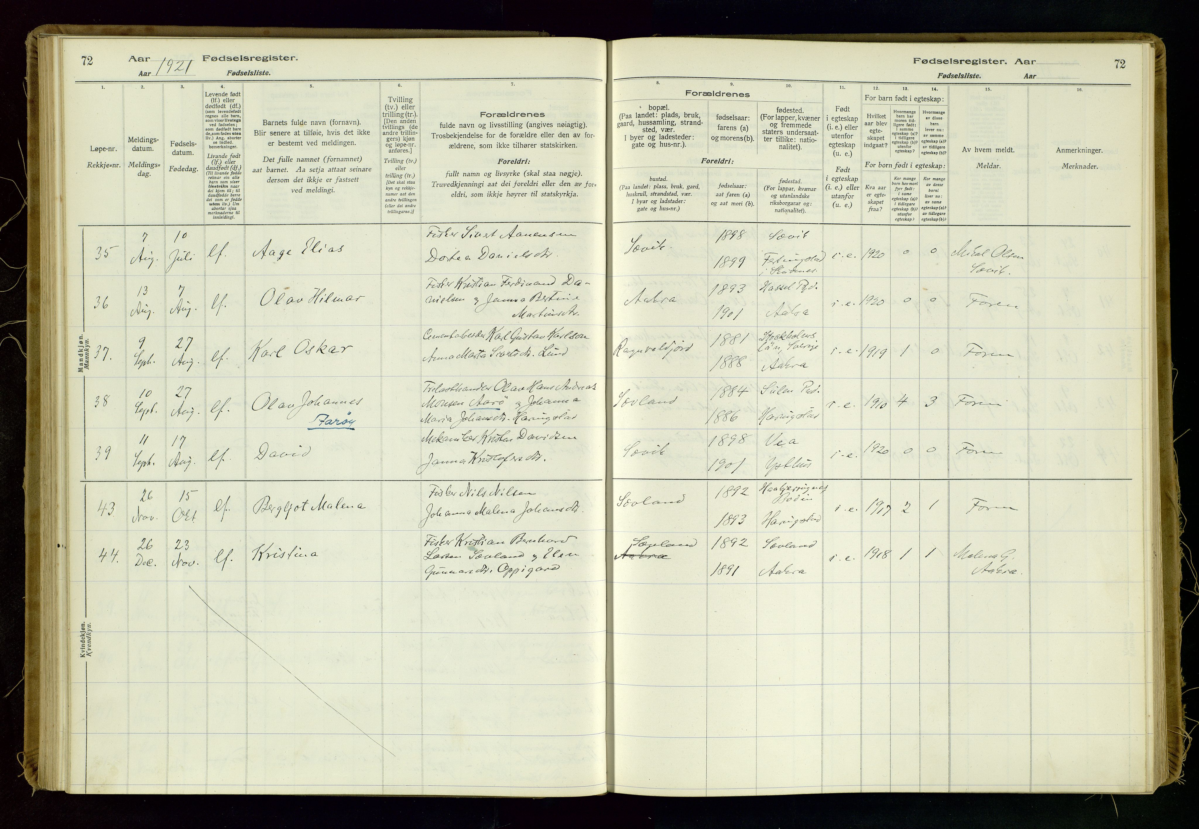 Kopervik sokneprestkontor, AV/SAST-A-101850/I/Id/L0006: Fødselsregister nr. 6, 1916-1934, s. 72