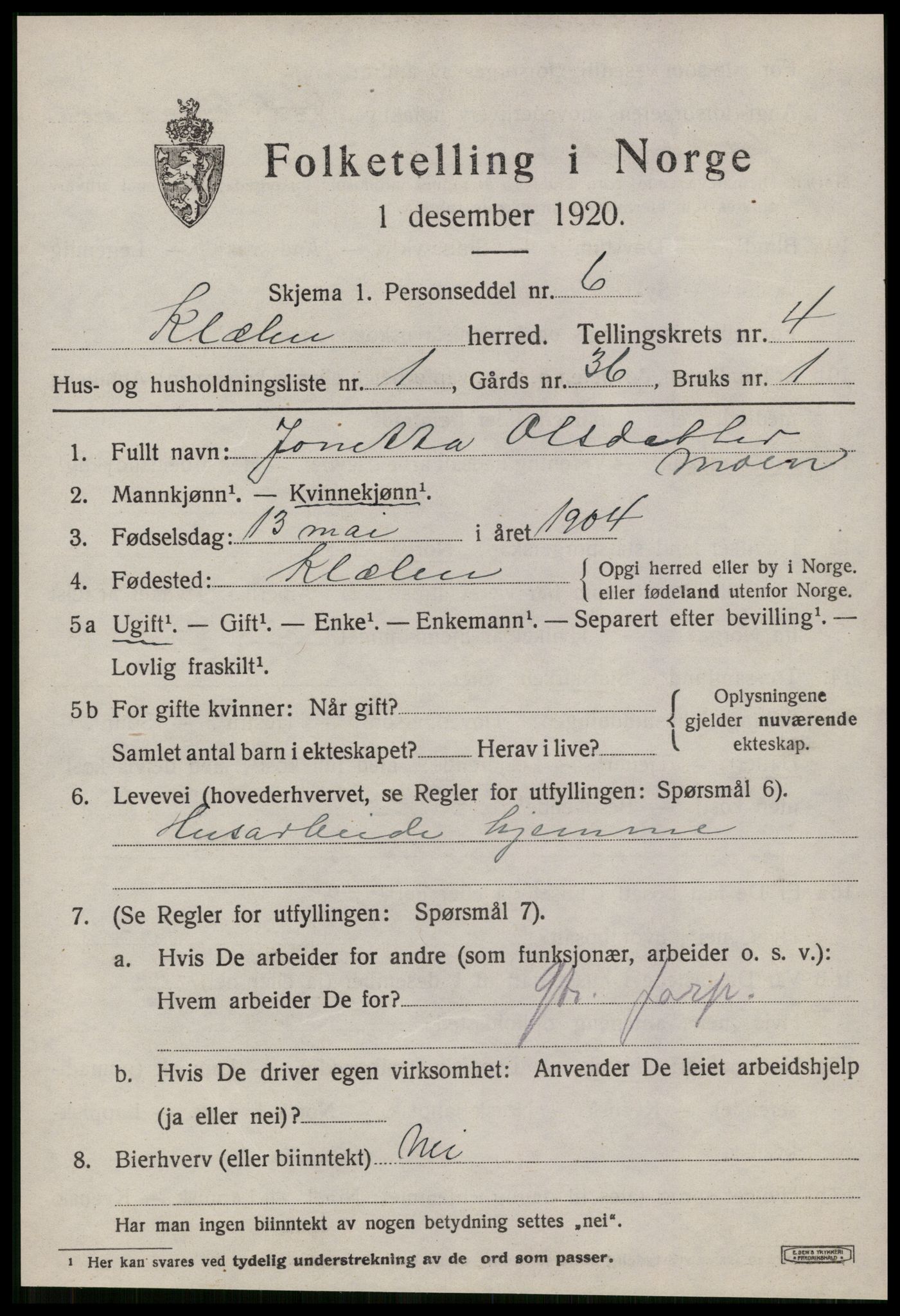 SAT, Folketelling 1920 for 1662 Klæbu herred, 1920, s. 2080