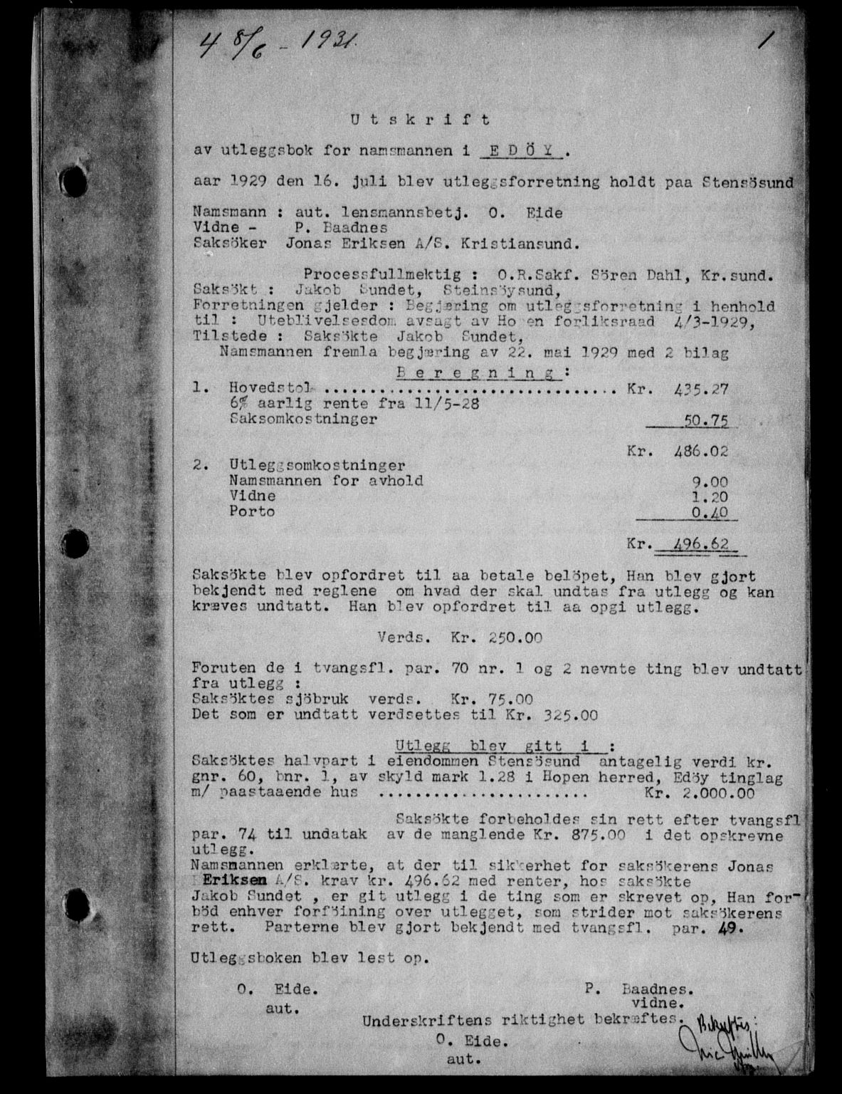 Nordmøre sorenskriveri, AV/SAT-A-4132/1/2/2Ca/L0074: Pantebok nr. 63, 1931-1931, Tingl.dato: 08.06.1931