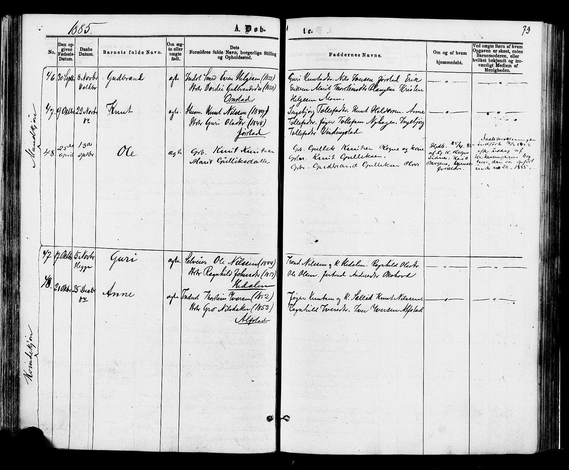 Øystre Slidre prestekontor, AV/SAH-PREST-138/H/Ha/Haa/L0002: Ministerialbok nr. 2, 1874-1886, s. 73