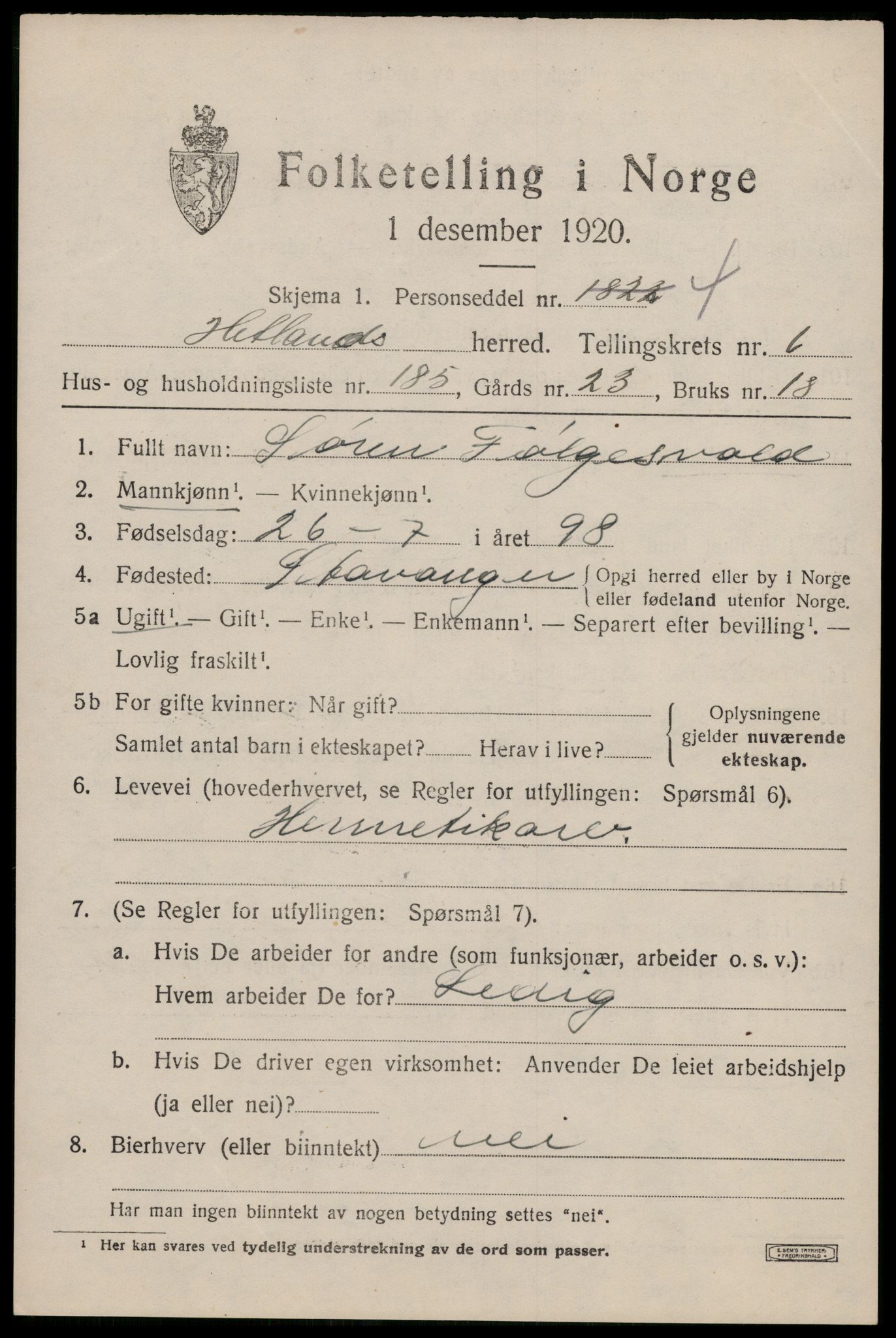 SAST, Folketelling 1920 for 1126 Hetland herred, 1920, s. 13103