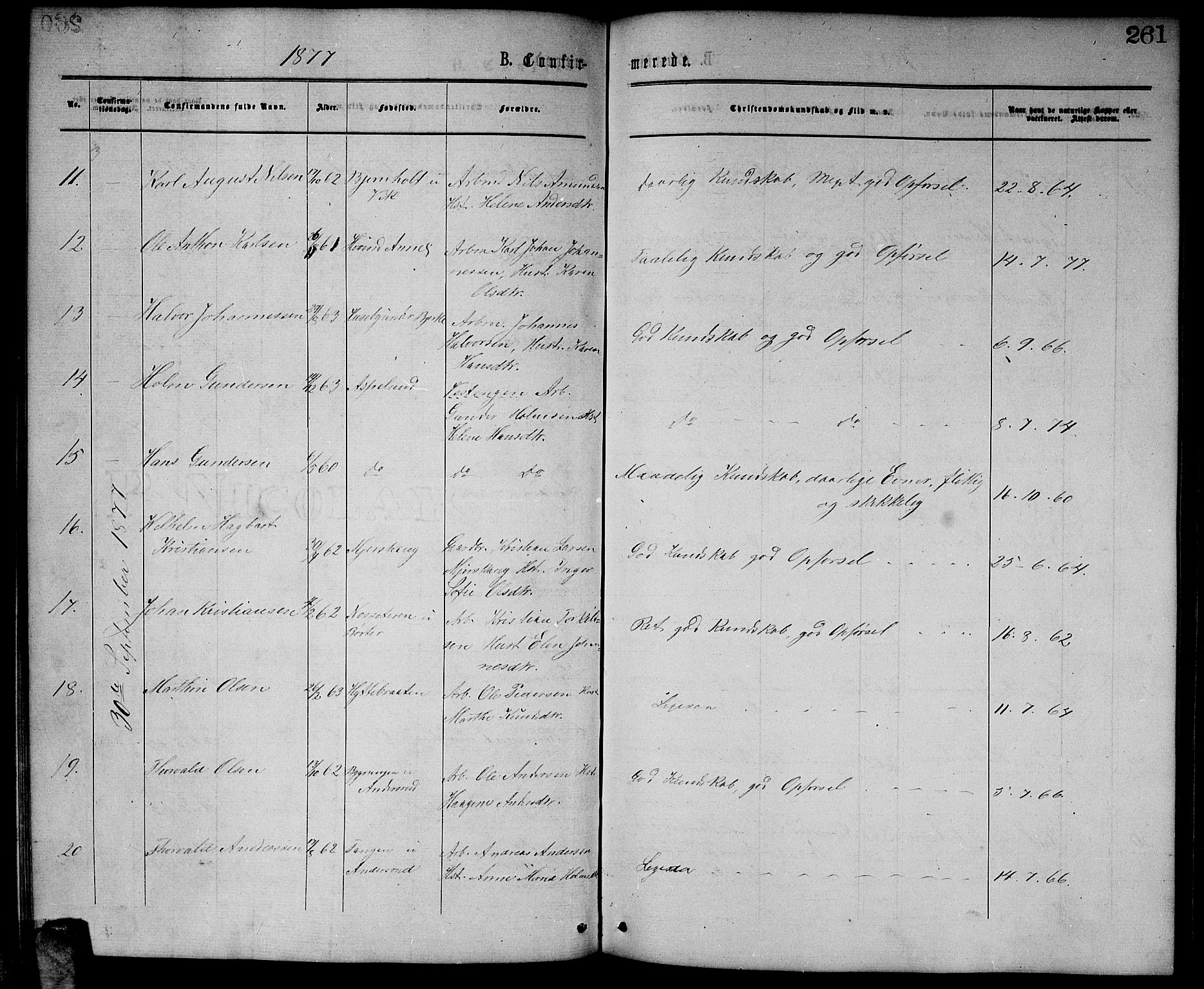 Enebakk prestekontor Kirkebøker, SAO/A-10171c/G/Ga/L0005: Klokkerbok nr. I 5, 1867-1888, s. 261