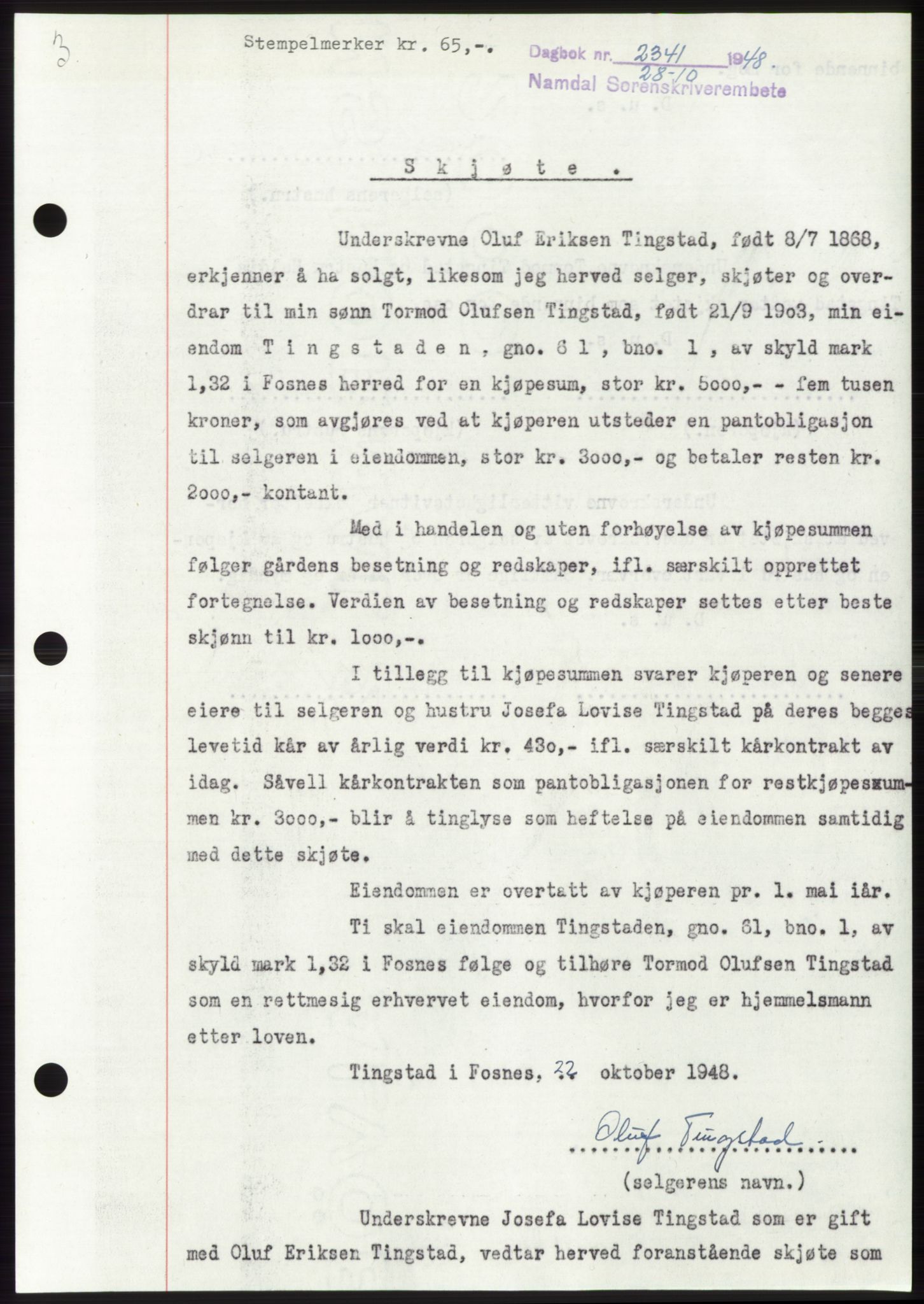 Namdal sorenskriveri, SAT/A-4133/1/2/2C: Pantebok nr. -, 1948-1948, Dagboknr: 2341/1948