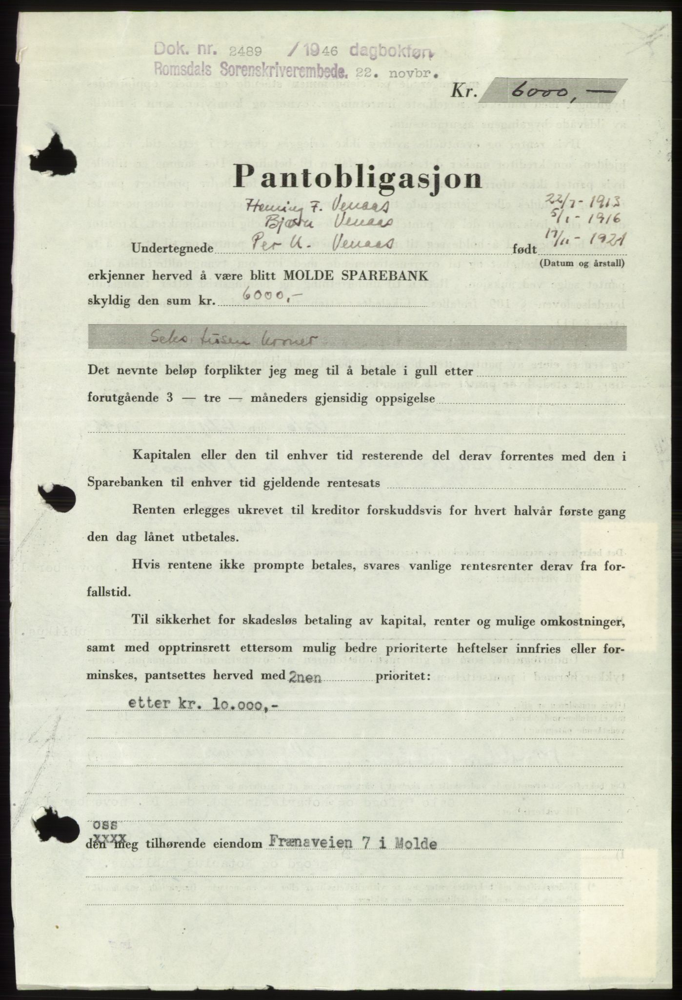 Romsdal sorenskriveri, SAT/A-4149/1/2/2C: Pantebok nr. B3, 1946-1948, Dagboknr: 2489/1946
