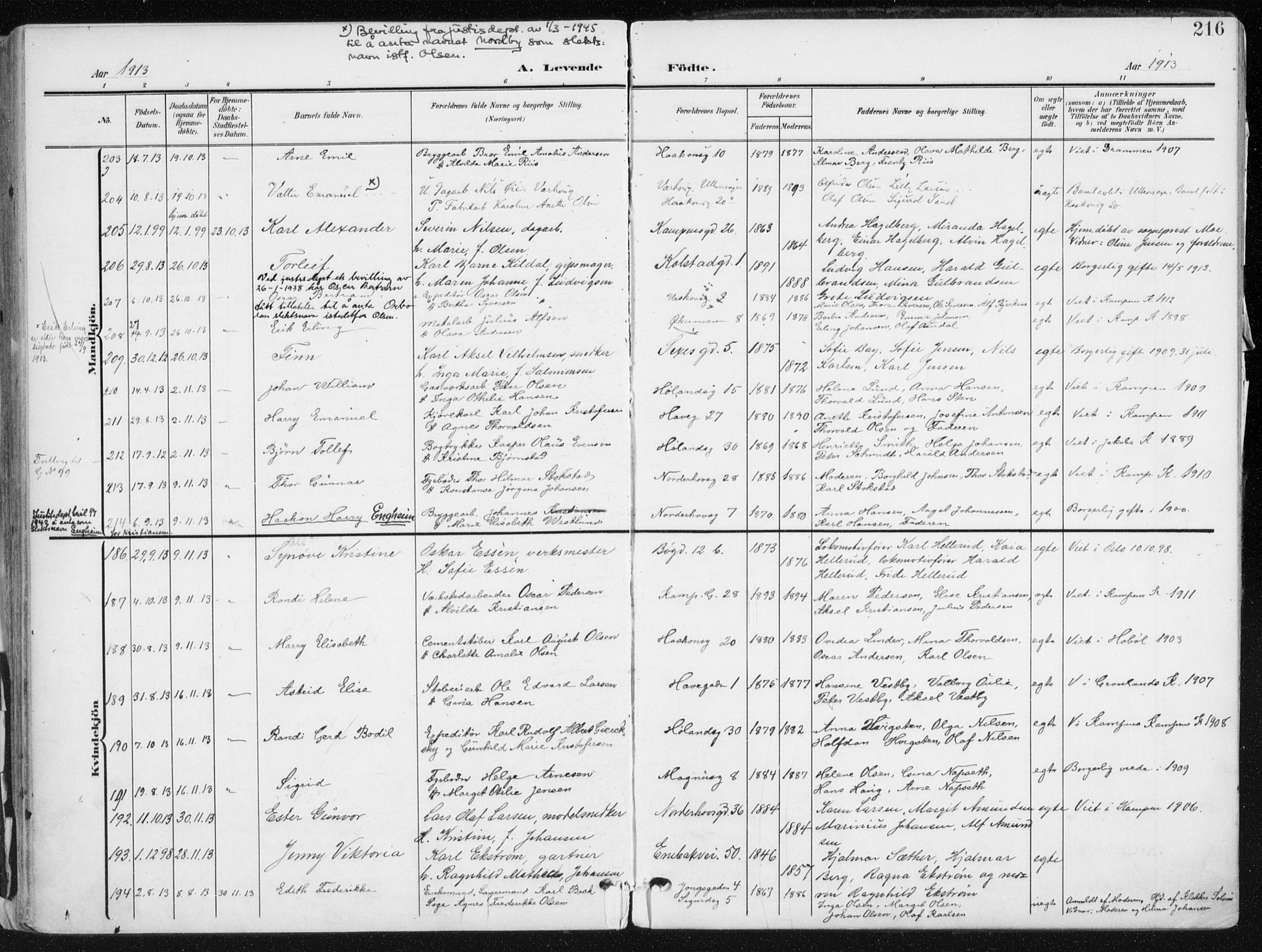 Kampen prestekontor Kirkebøker, AV/SAO-A-10853/F/Fa/L0010: Ministerialbok nr. I 10, 1905-1917, s. 216