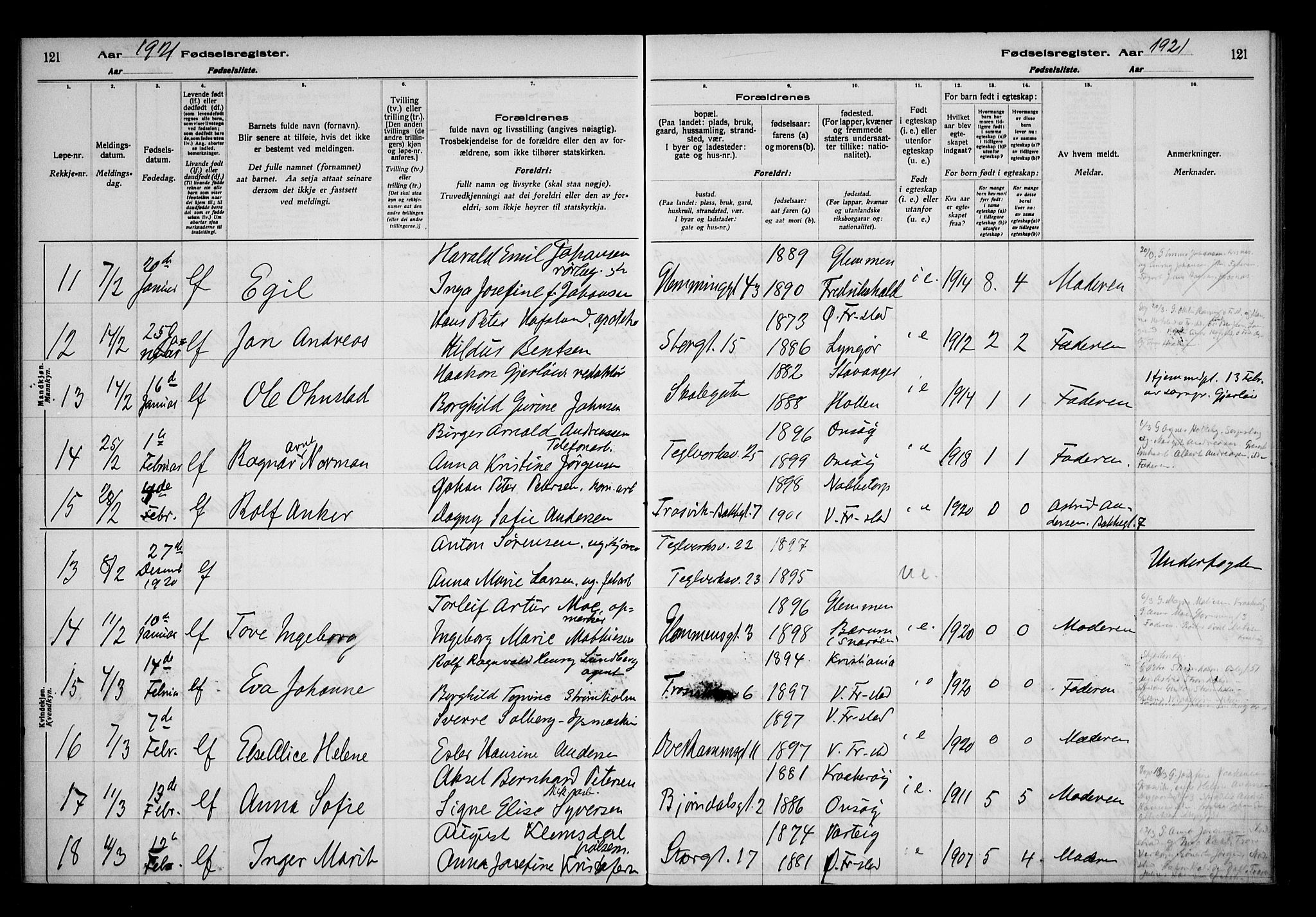 Fredrikstad domkirkes prestekontor Kirkebøker, AV/SAO-A-10906/J/*Ja/L0001: Fødselsregister nr. 1, 1916-1925, s. 121