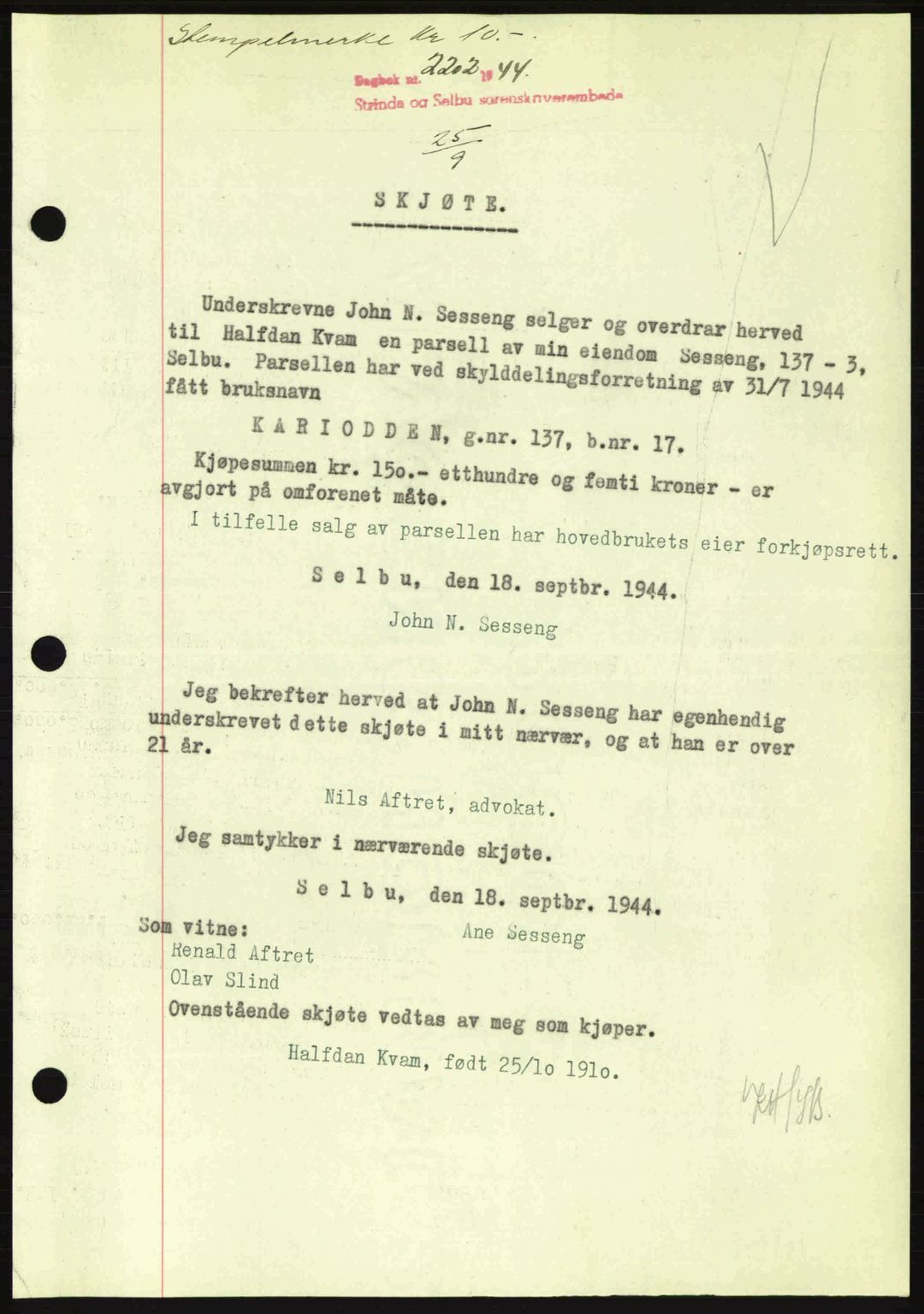 Strinda og Selbu sorenskriveri, SAT/A-0015/2/2C: Pantebok nr. A9, 1944-1945, Dagboknr: 2202/1944