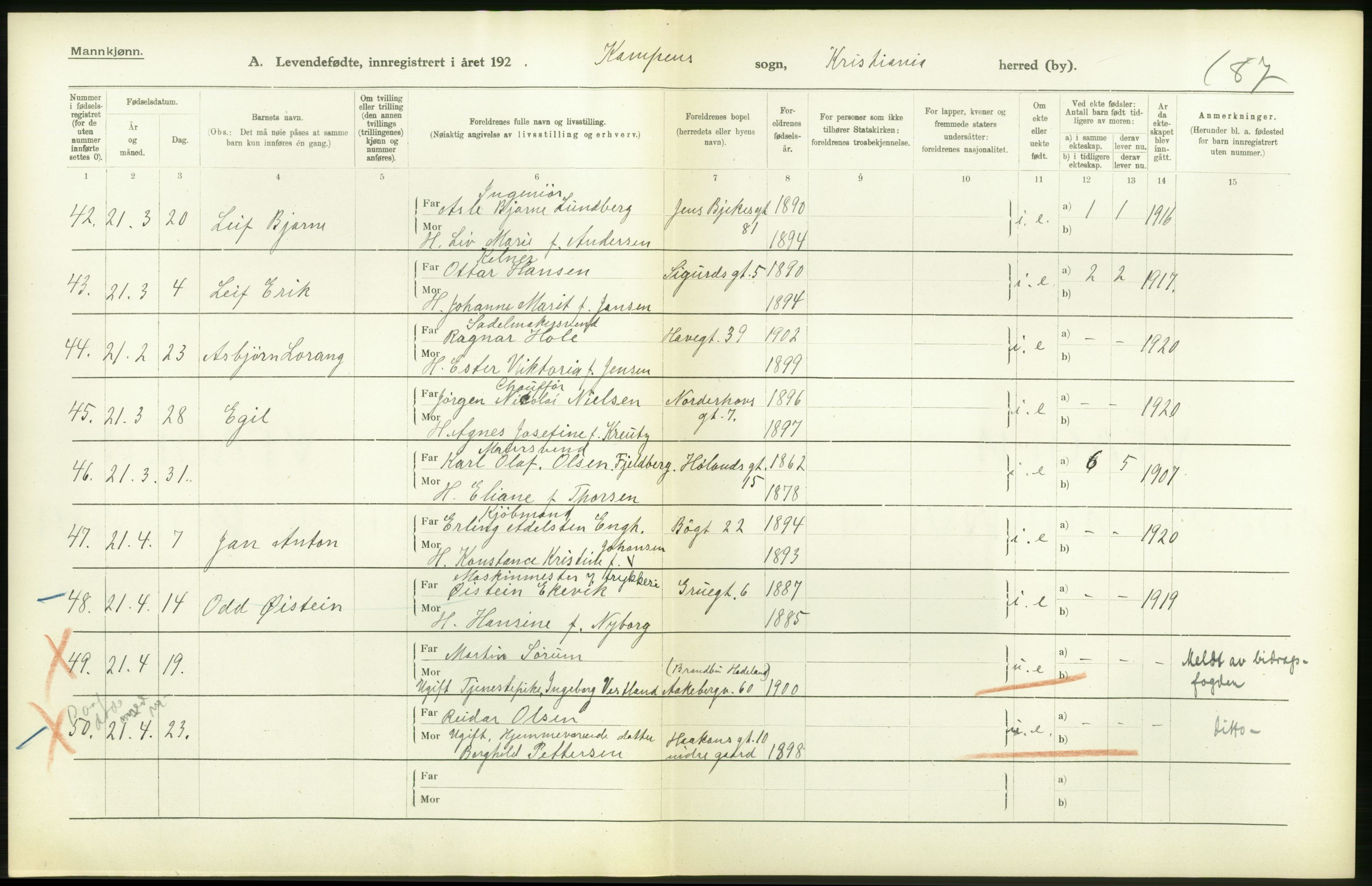 Statistisk sentralbyrå, Sosiodemografiske emner, Befolkning, RA/S-2228/D/Df/Dfc/Dfca/L0009: Kristiania: Levendefødte menn og kvinner., 1921, s. 92