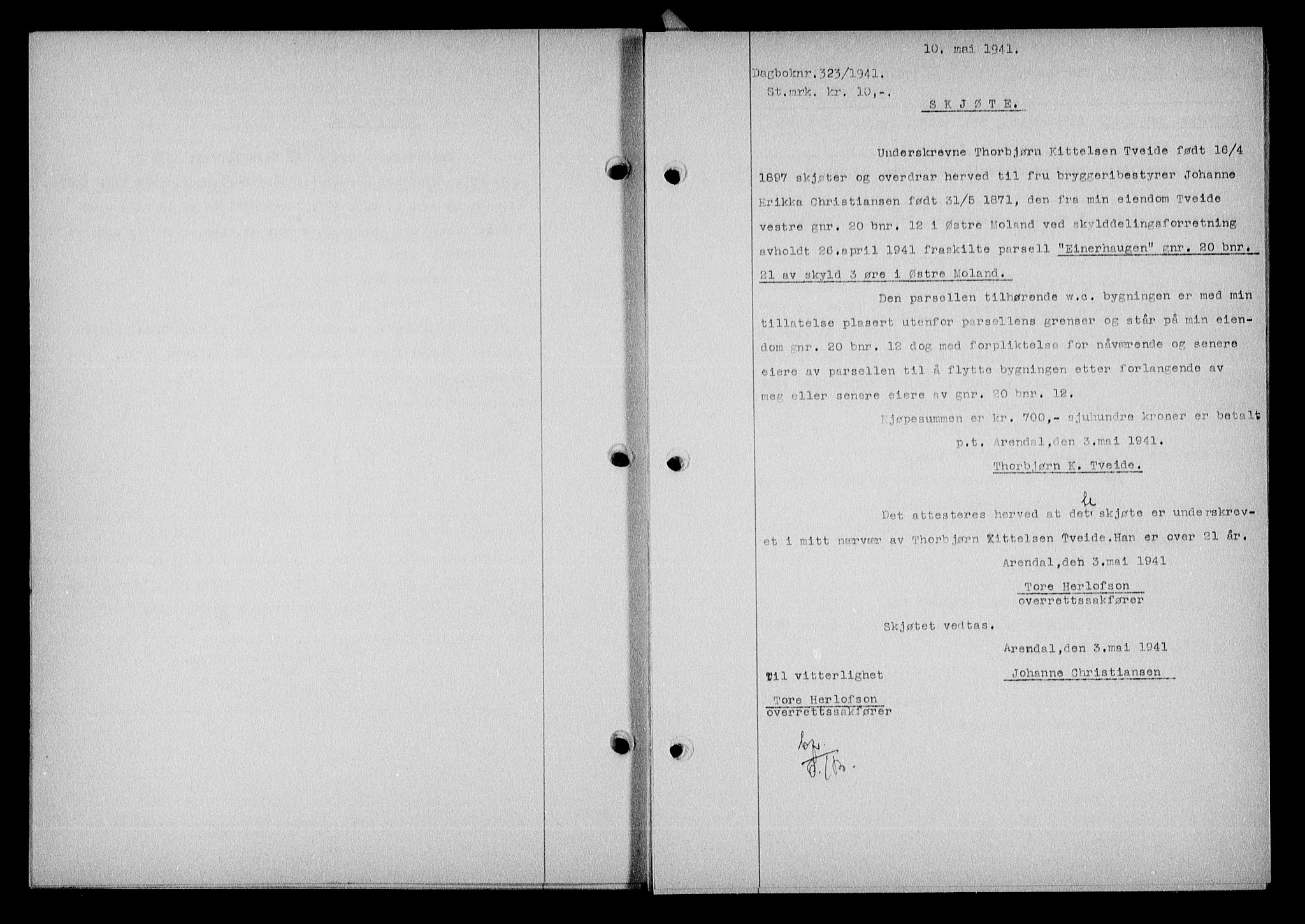Nedenes sorenskriveri, SAK/1221-0006/G/Gb/Gba/L0048: Pantebok nr. A-II, 1940-1941, Dagboknr: 323/1941