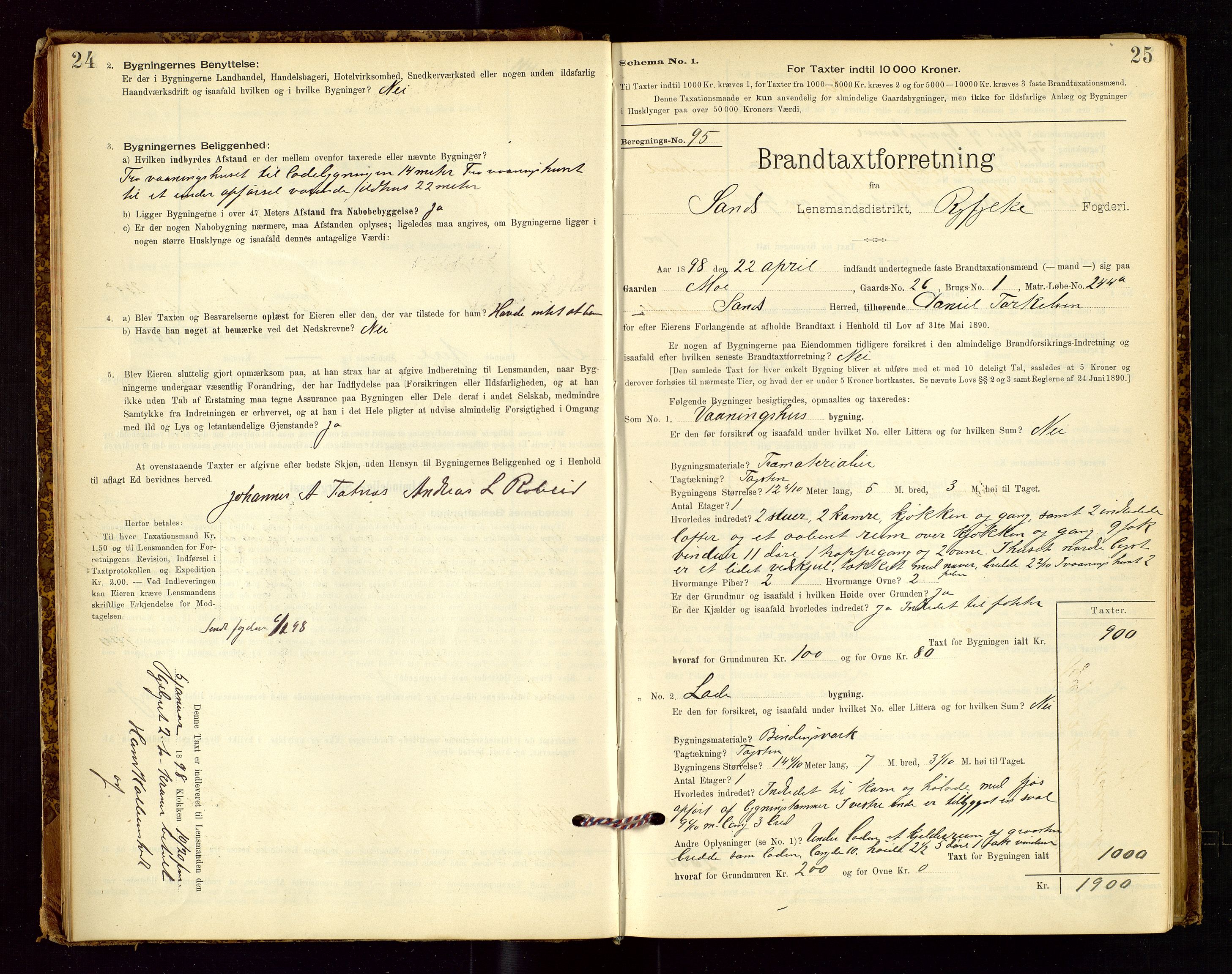 Sand lensmannskontor, AV/SAST-A-100415/Goc/L0001: "Brandtaxationsprotokol", 1895-1935, s. 24-25