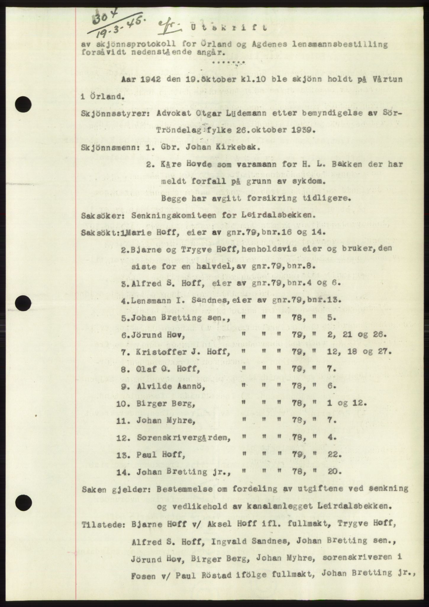 Fosen sorenskriveri, AV/SAT-A-1107/1/2/2C: Pantebok nr. B1, 1943-1946, Dagboknr: 304/1945