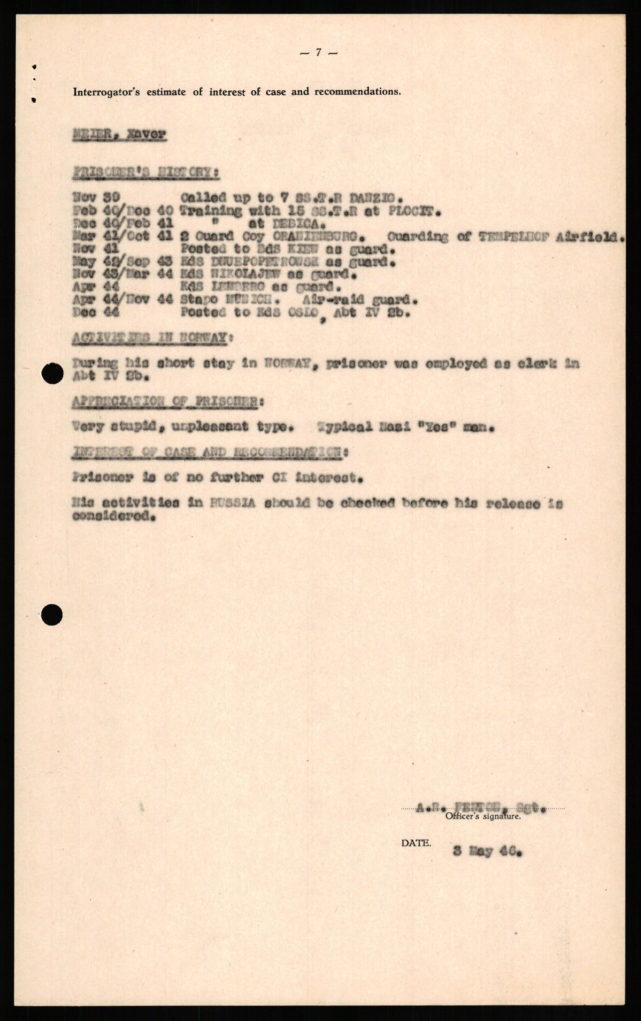 Forsvaret, Forsvarets overkommando II, AV/RA-RAFA-3915/D/Db/L0021: CI Questionaires. Tyske okkupasjonsstyrker i Norge. Tyskere., 1945-1946, s. 317