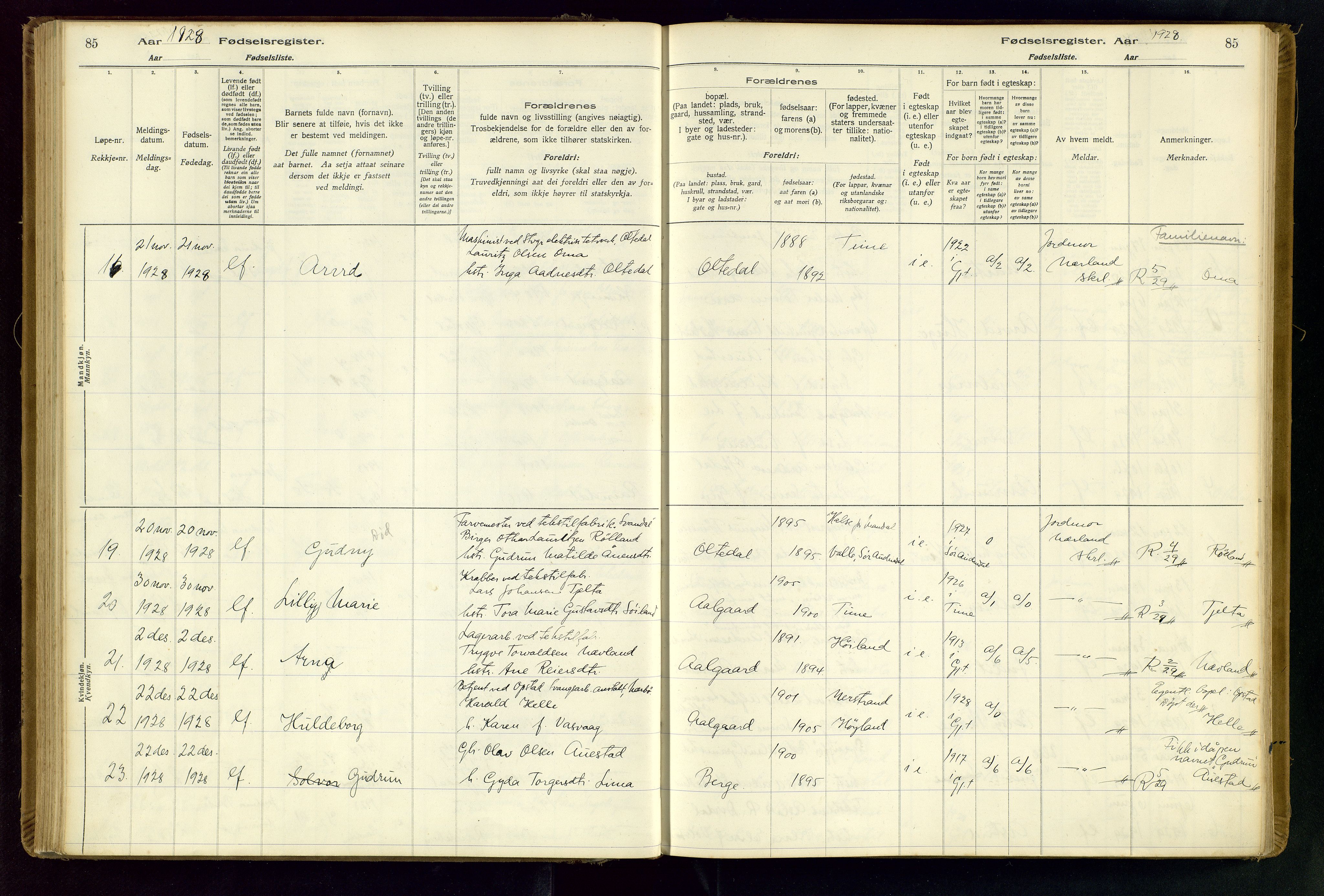 Gjesdal sokneprestkontor, AV/SAST-A-101796/002/O/L0001: Fødselsregister nr. 1, 1916-1949, s. 85