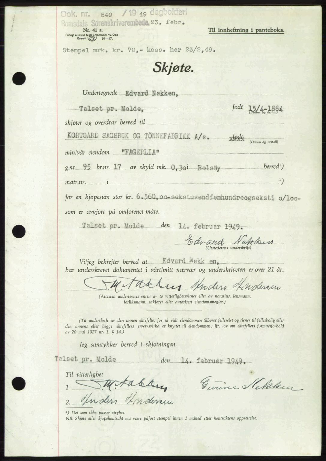 Romsdal sorenskriveri, AV/SAT-A-4149/1/2/2C: Pantebok nr. A28, 1948-1949, Dagboknr: 549/1949
