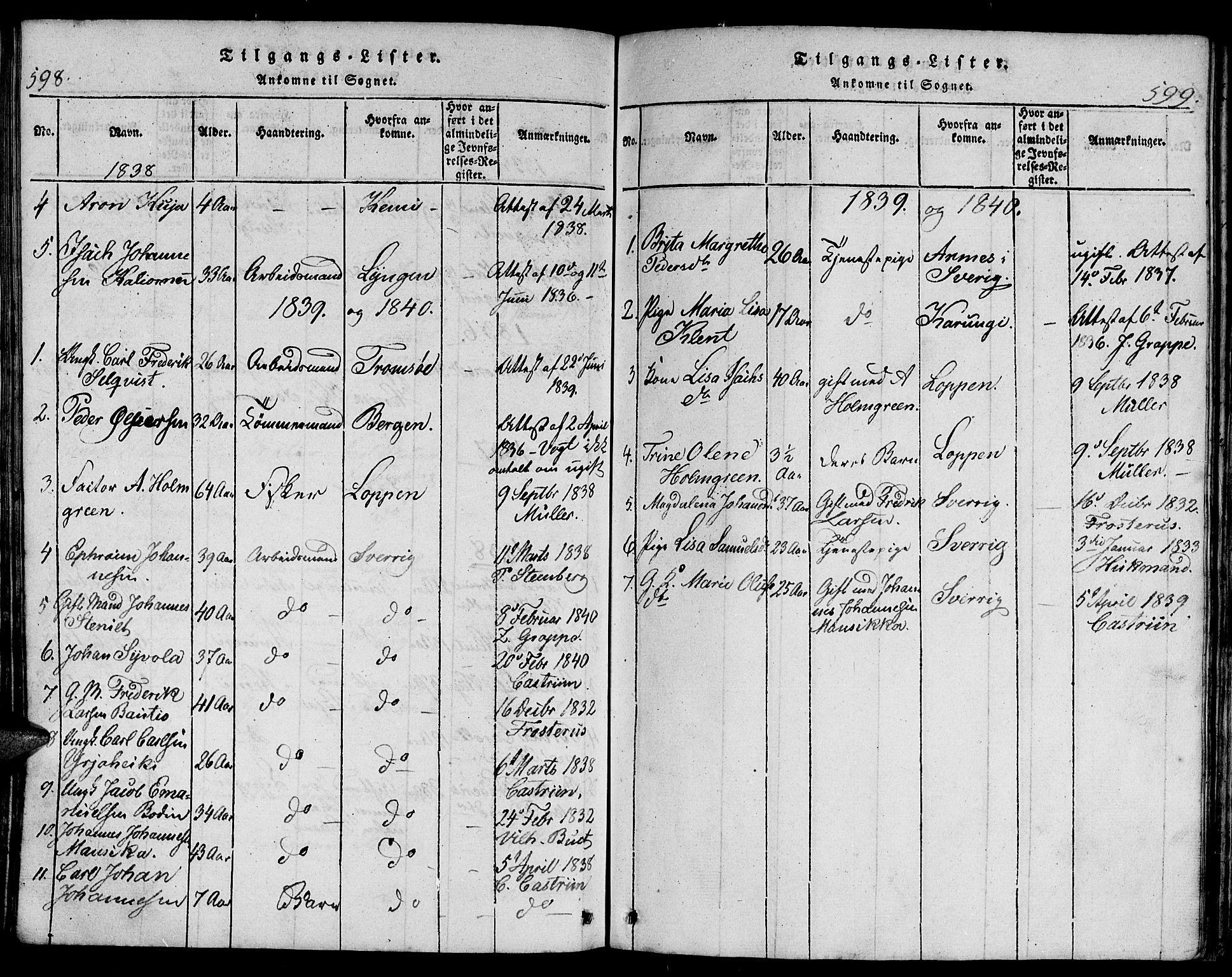 Hammerfest sokneprestkontor, SATØ/S-1347/H/Hb/L0001.klokk: Klokkerbok nr. 1, 1822-1850, s. 598-599