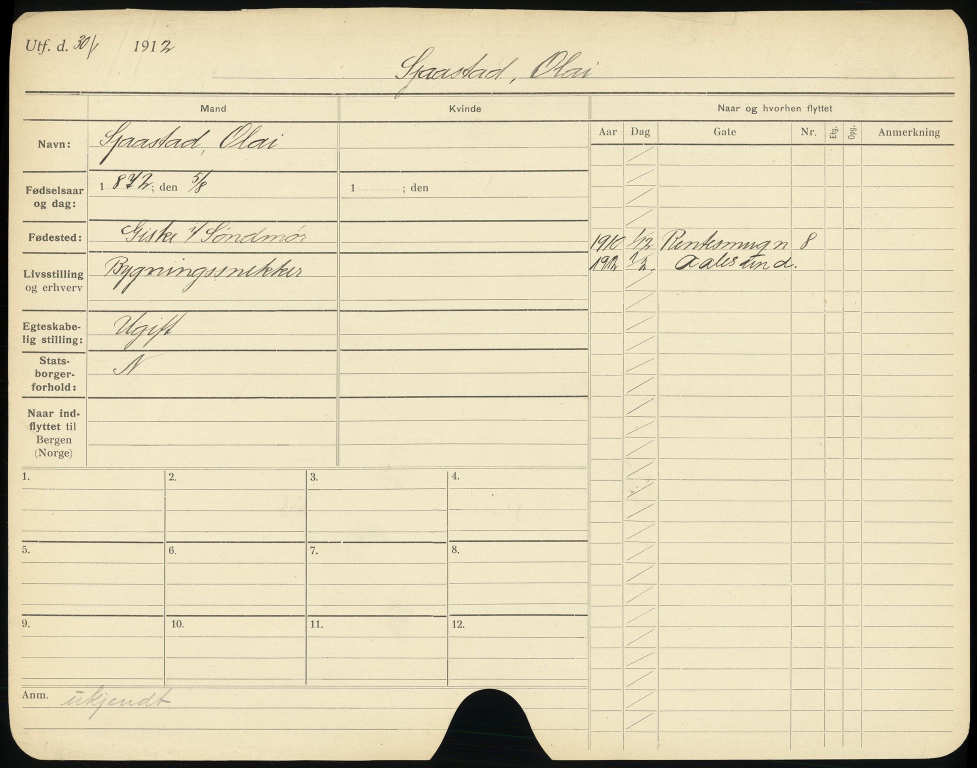 Bergen folkeregister, AV/SAB-A-17201/I/Ia/L0028: Utflyttet 1912 - 1920, Sjåstad - Stavø, 1912-1920