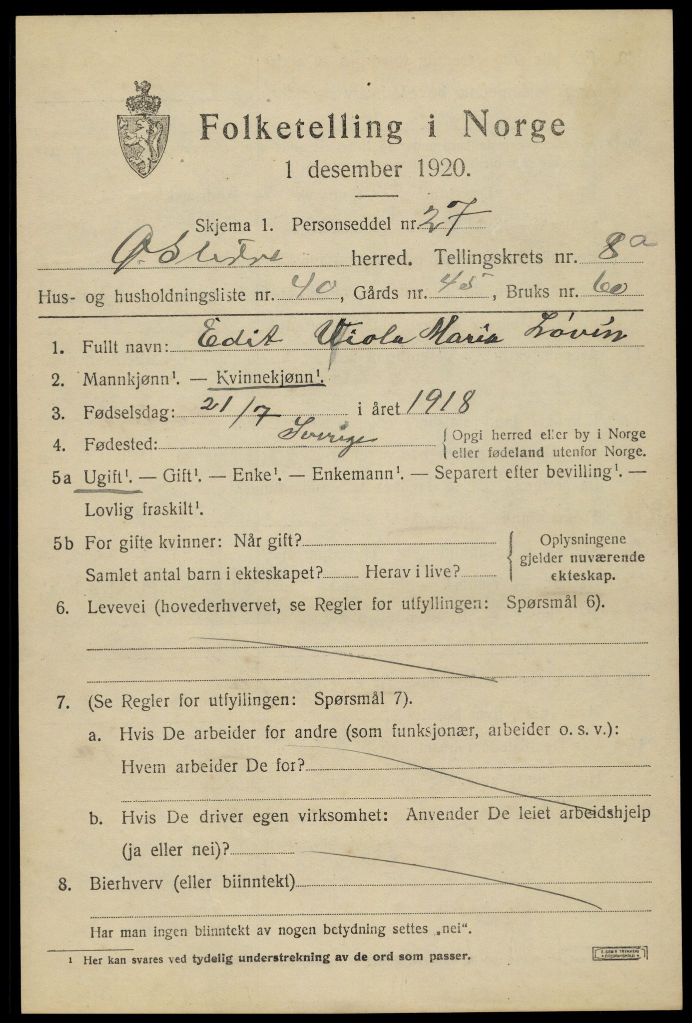 SAH, Folketelling 1920 for 0544 Øystre Slidre herred, 1920, s. 5233