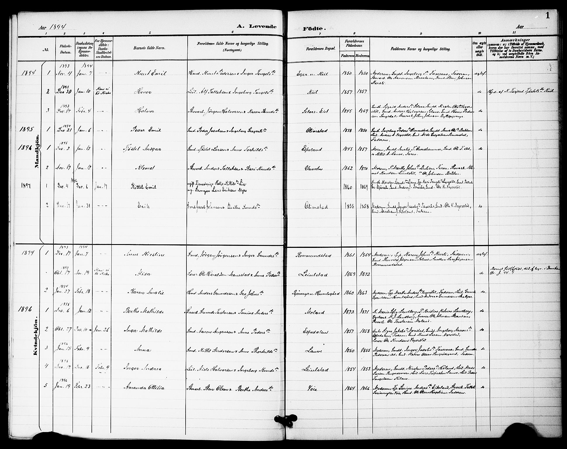 Gjerstad sokneprestkontor, AV/SAK-1111-0014/F/Fa/Fac/L0002: Kladd til kirkebok nr. A VI 2, 1894-1896, s. 1