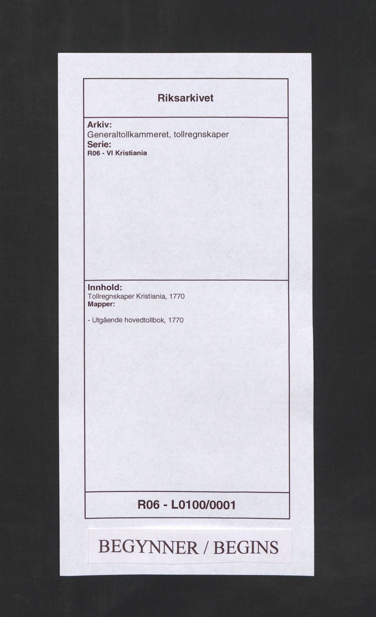 Generaltollkammeret, tollregnskaper, AV/RA-EA-5490/R06/L0100/0001: Tollregnskaper Kristiania / Utgående hovedtollbok, 1770