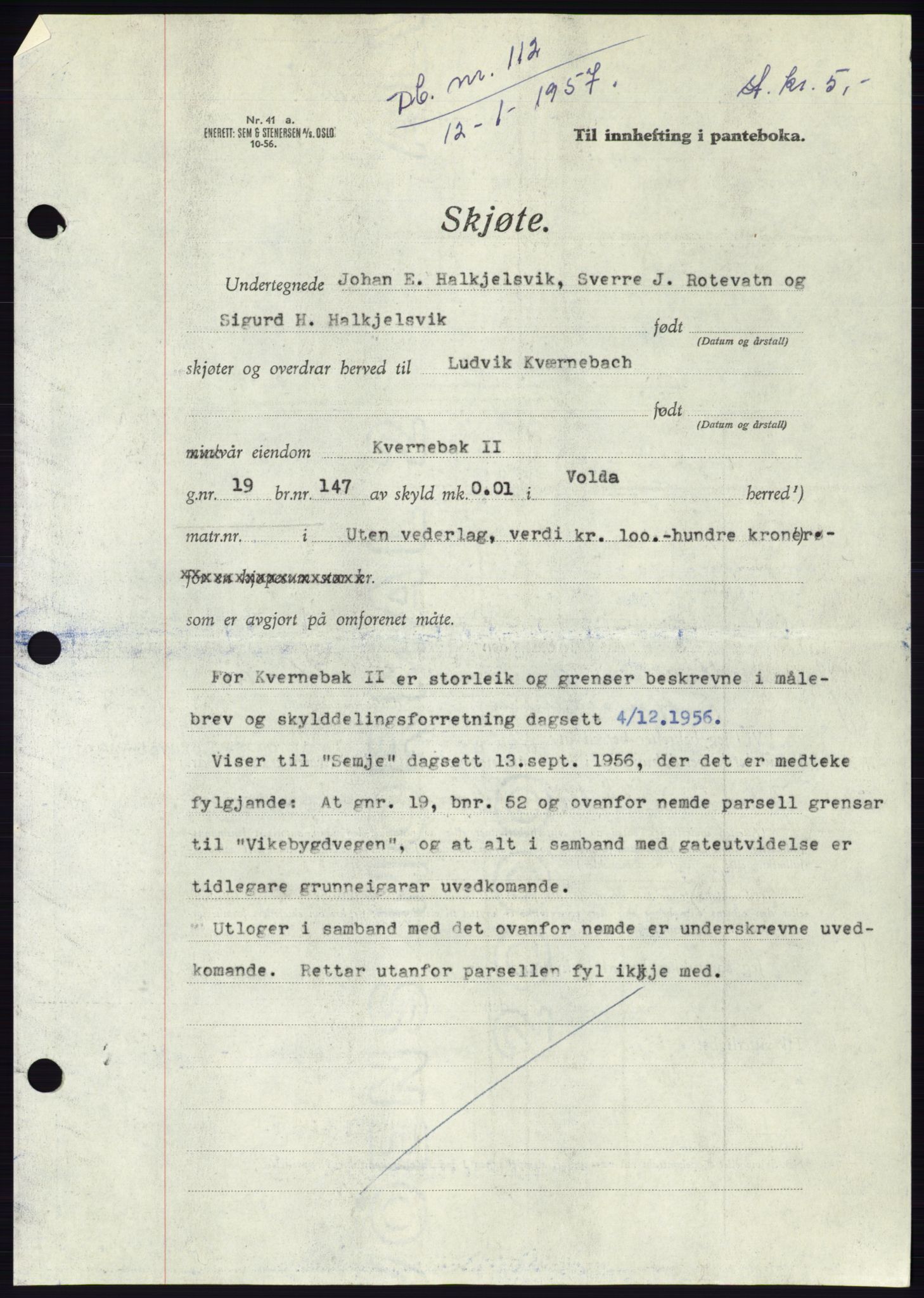 Søre Sunnmøre sorenskriveri, AV/SAT-A-4122/1/2/2C/L0105: Pantebok nr. 31A, 1956-1957, Dagboknr: 112/1957