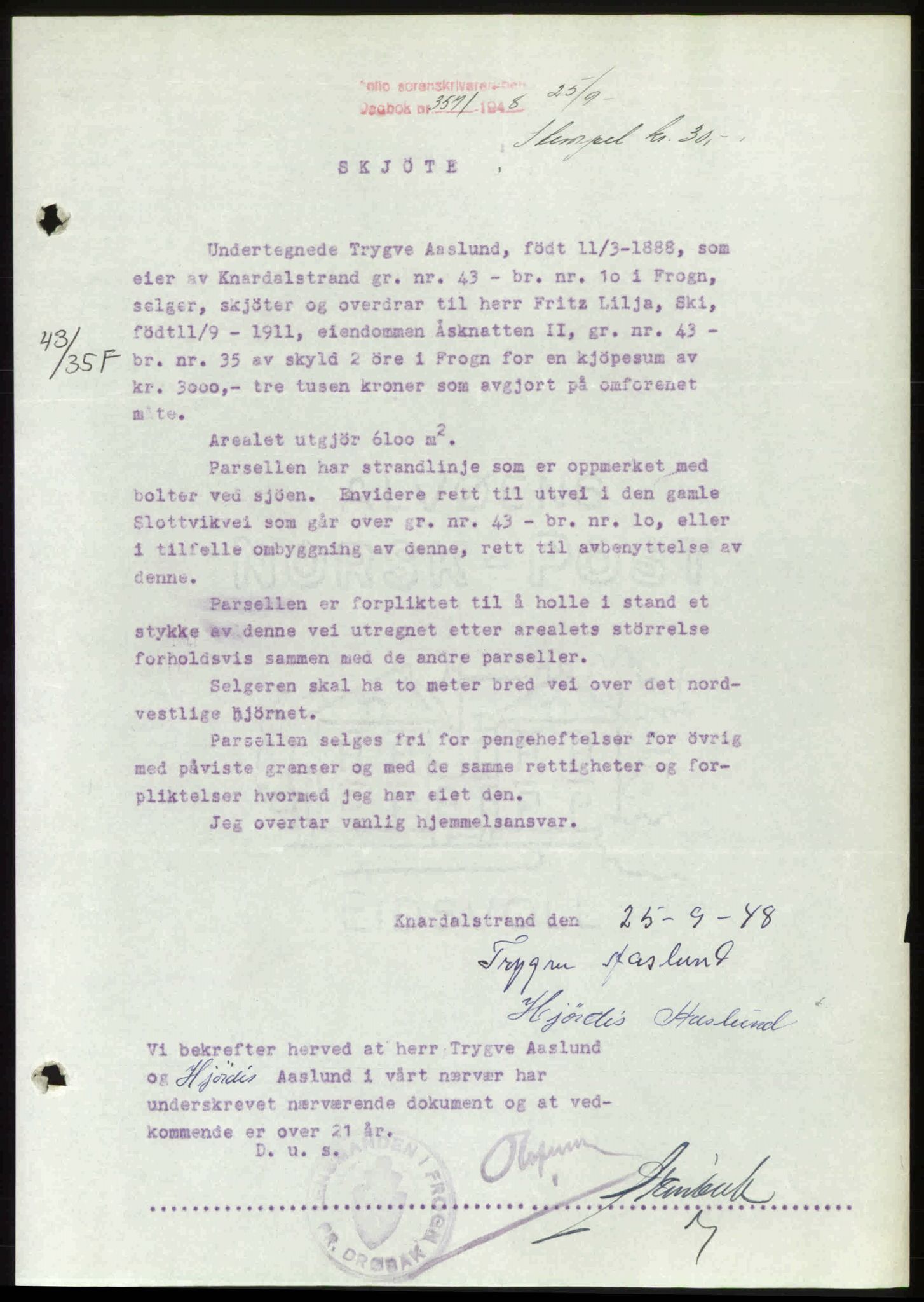 Follo sorenskriveri, SAO/A-10274/G/Ga/Gaa/L0085: Pantebok nr. I 85, 1948-1948, Dagboknr: 3571/1948