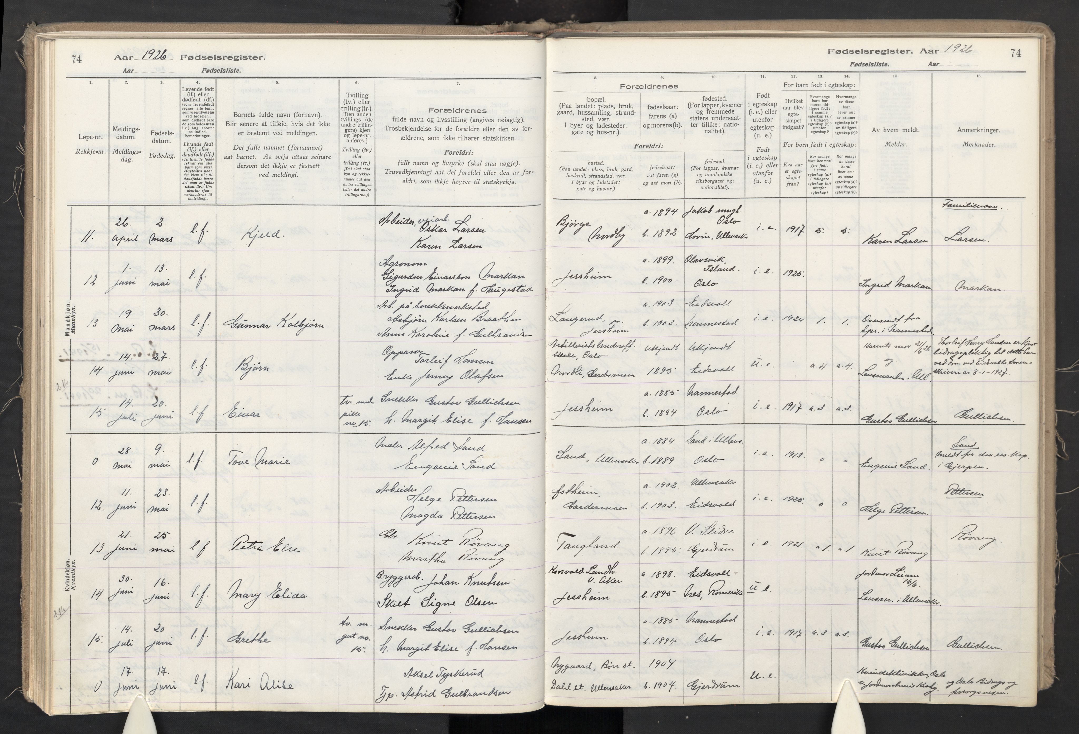 Ullensaker prestekontor Kirkebøker, AV/SAO-A-10236a/J/Jb/L0001: Fødselsregister nr. II 1, 1916-1946, s. 74
