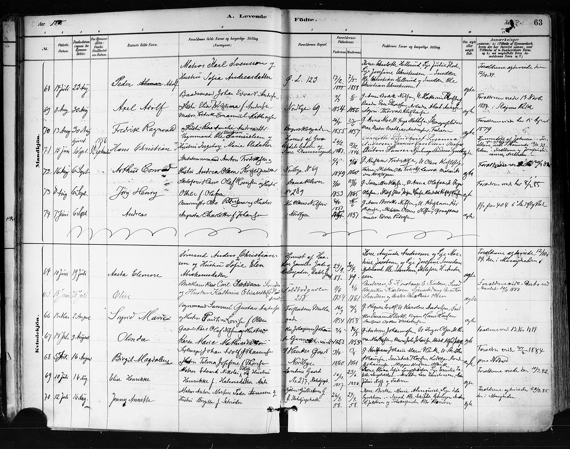 Tønsberg kirkebøker, AV/SAKO-A-330/F/Fa/L0011: Ministerialbok nr. I 11, 1881-1890, s. 63
