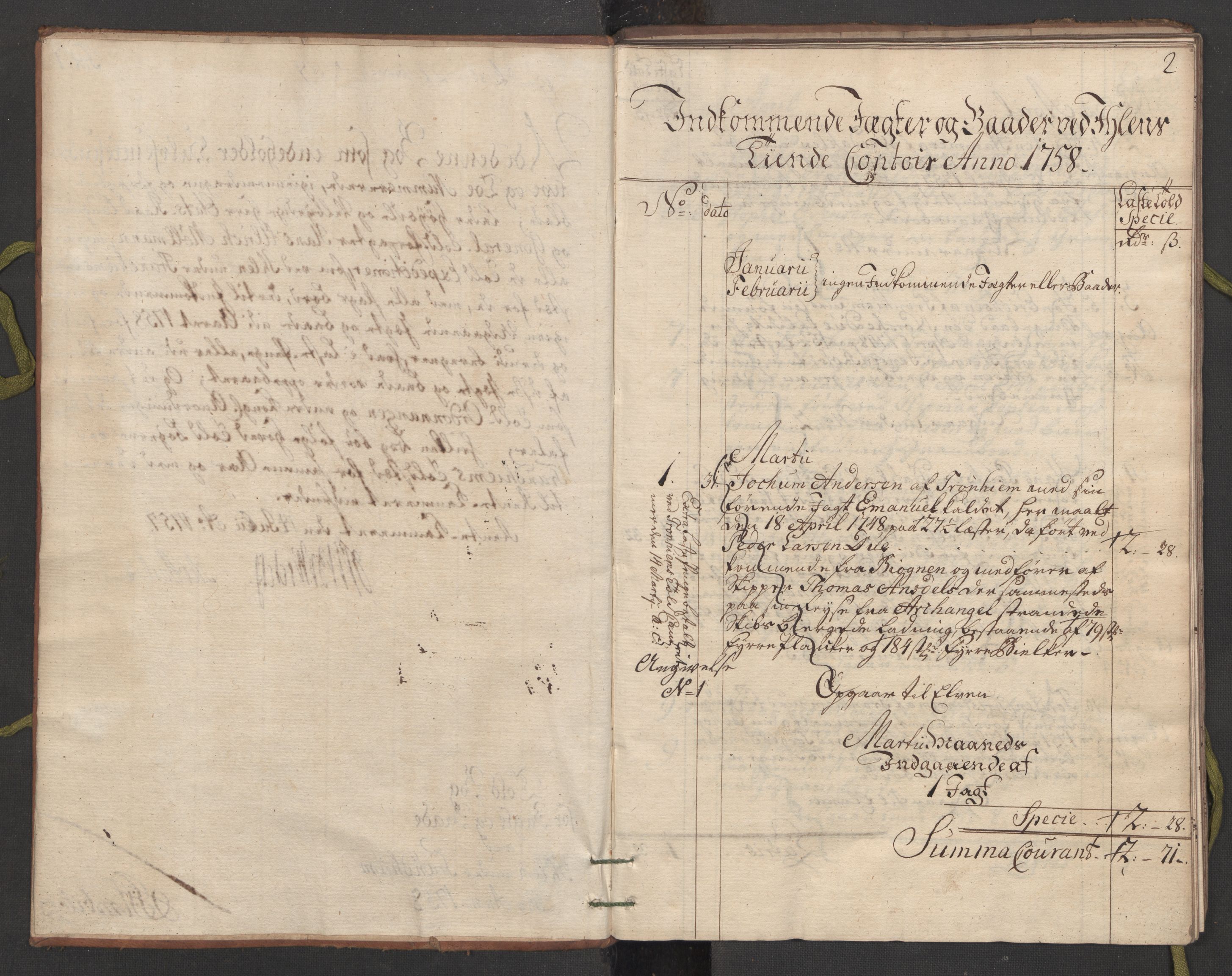 Generaltollkammeret, tollregnskaper, AV/RA-EA-5490/R33/L0058/0001: Tollregnskaper Trondheim A / Tollbok for Ilen, 1758