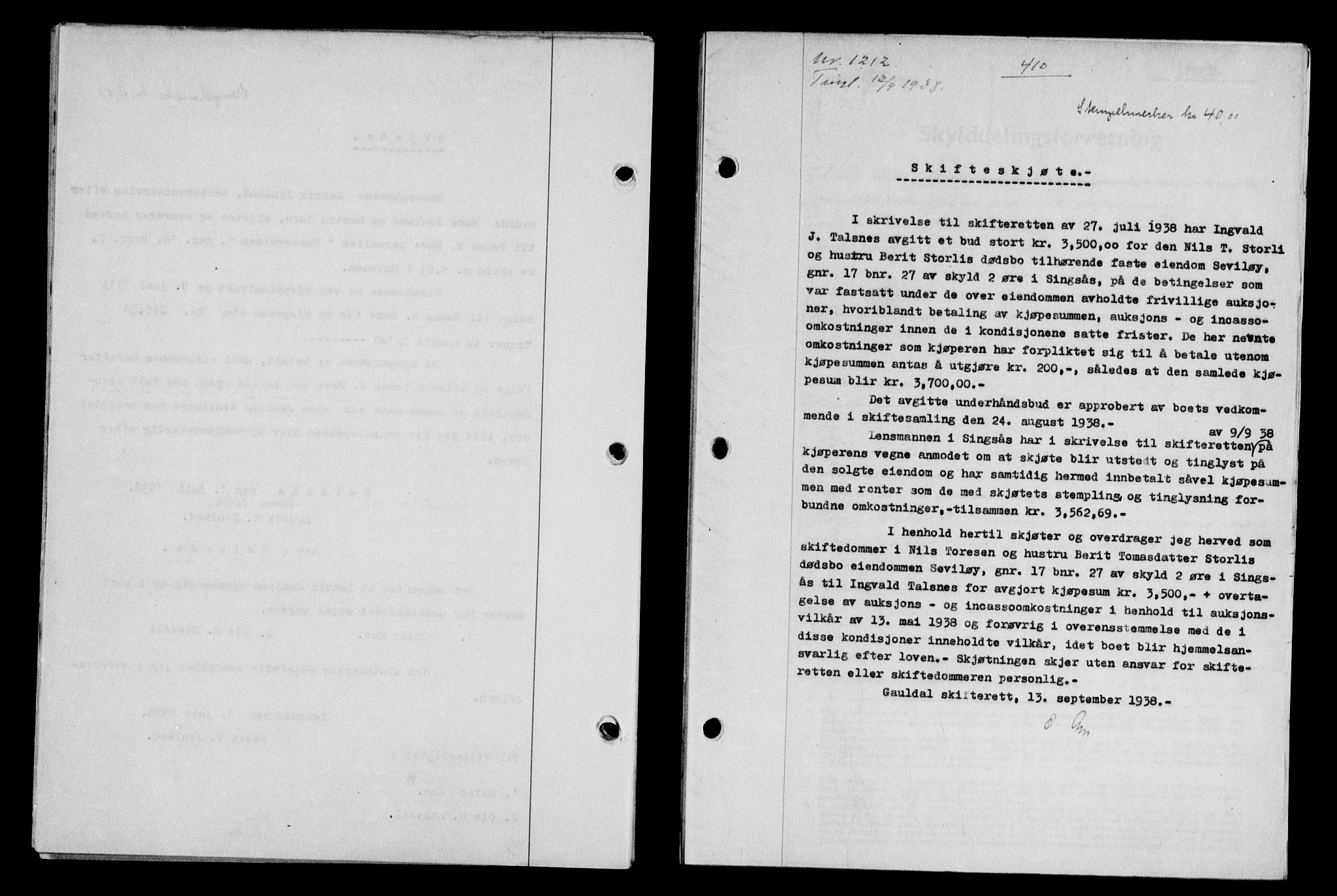 Gauldal sorenskriveri, SAT/A-0014/1/2/2C/L0049: Pantebok nr. 53, 1938-1938, Dagboknr: 1212/1938