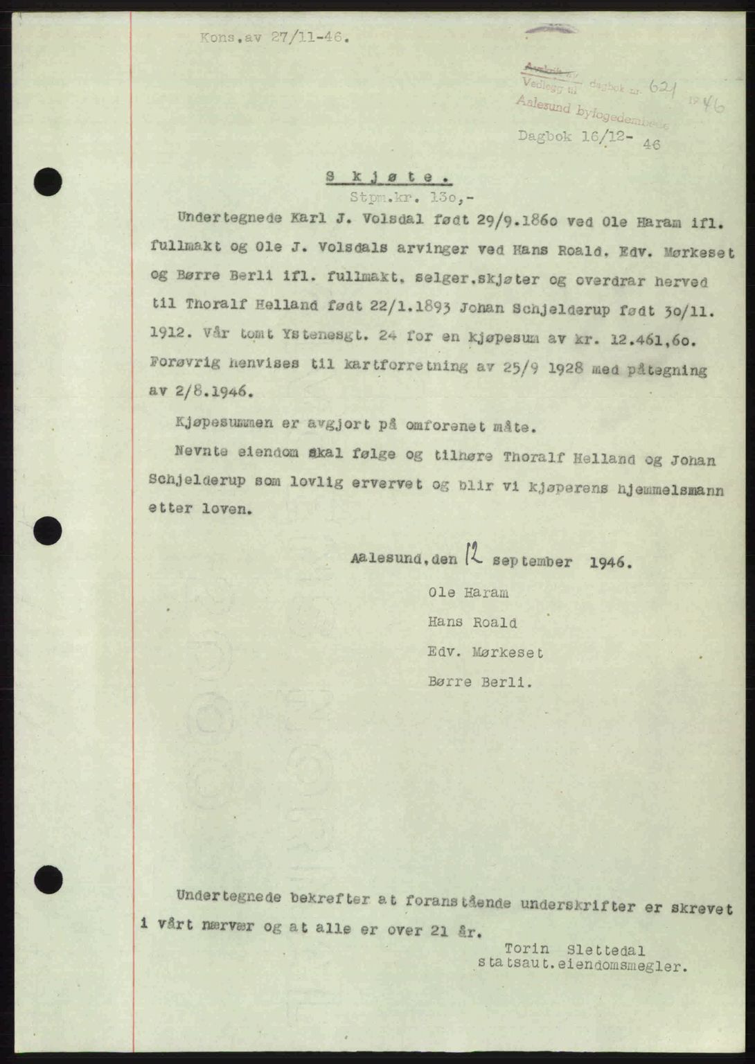 Ålesund byfogd, SAT/A-4384: Pantebok nr. 36b, 1946-1947, Dagboknr: 621/1946