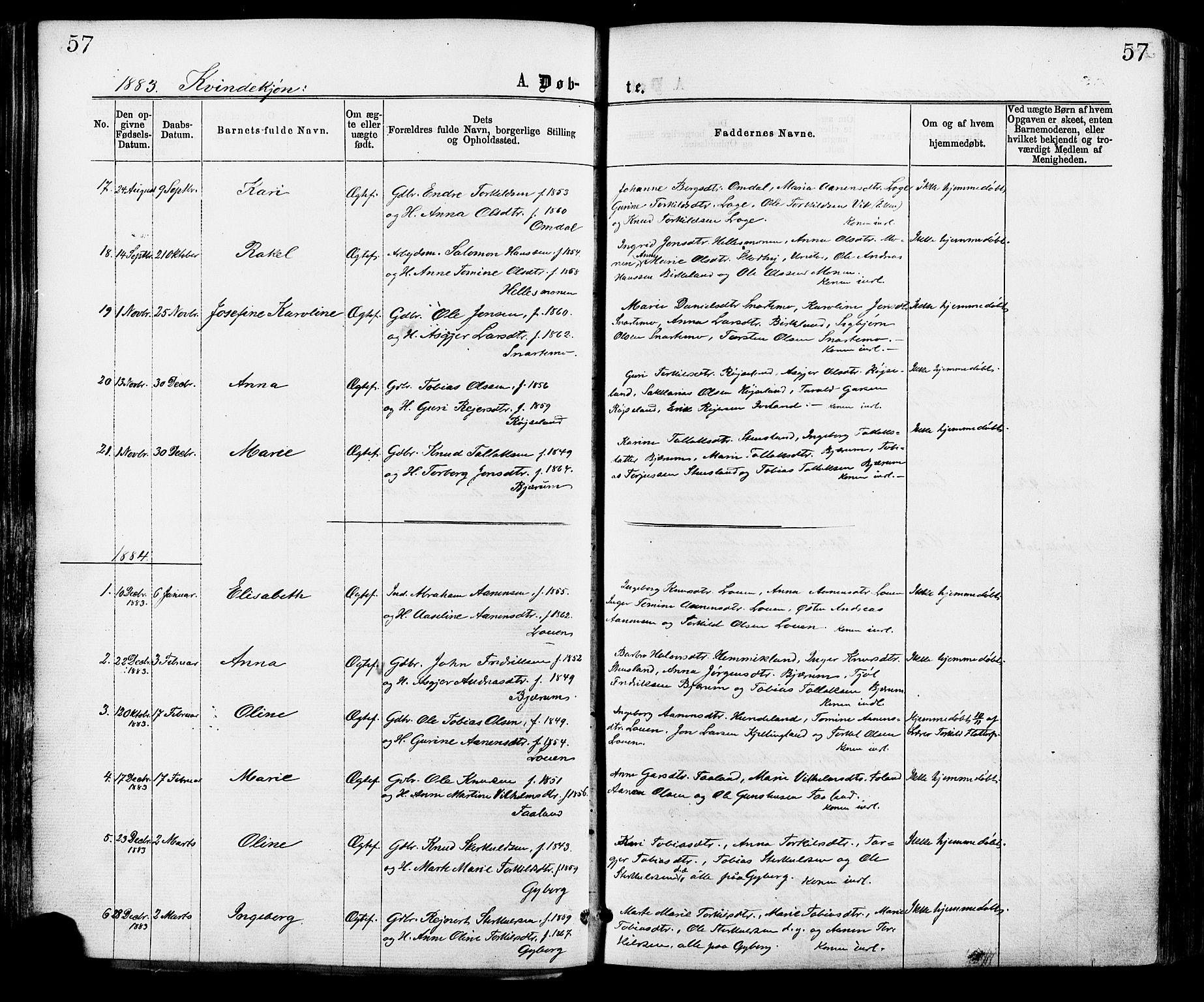 Hægebostad sokneprestkontor, SAK/1111-0024/F/Fa/Faa/L0005: Ministerialbok nr. A 5, 1864-1886, s. 57