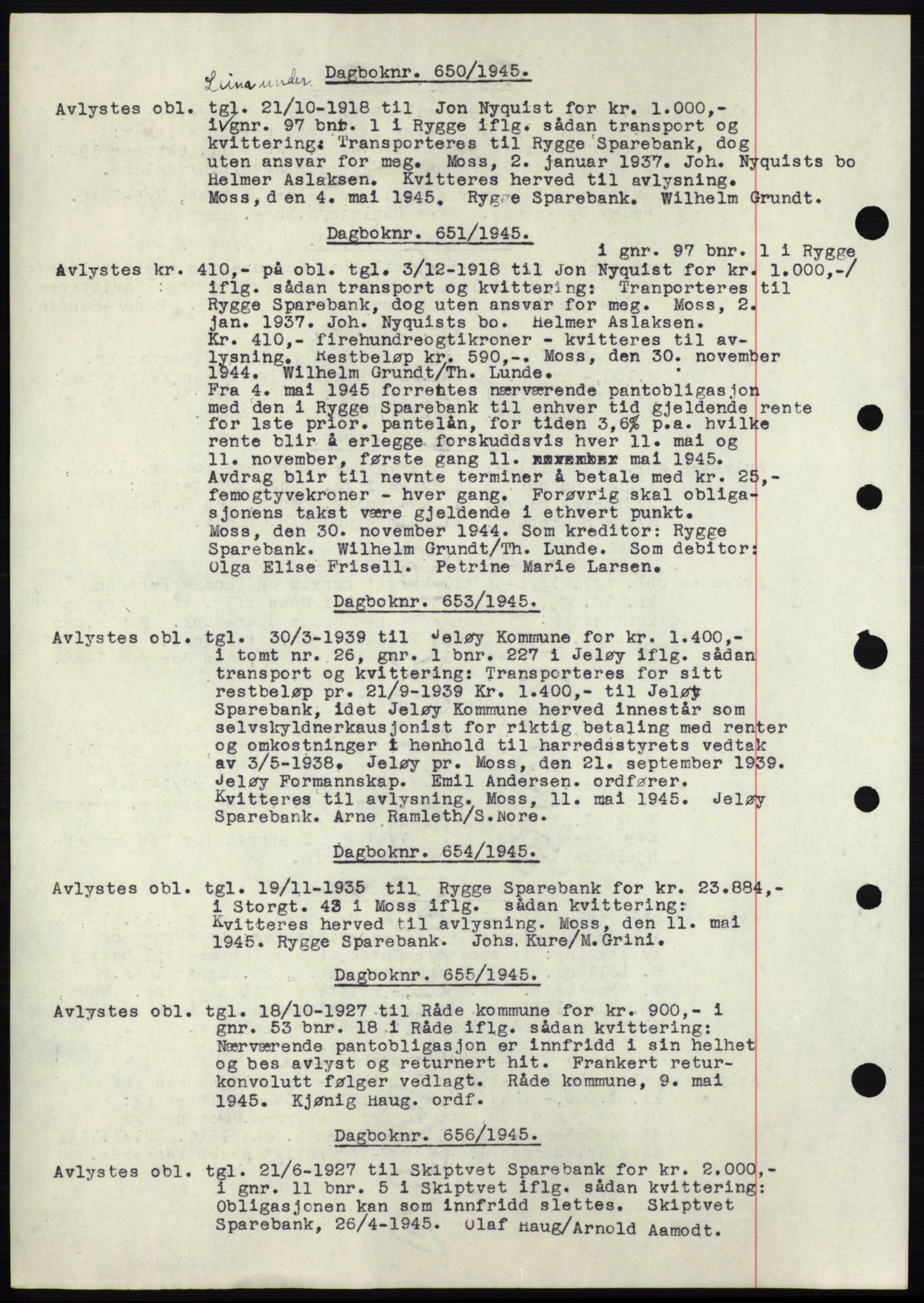 Moss sorenskriveri, SAO/A-10168: Pantebok nr. C10, 1938-1950, Dagboknr: 650/1945