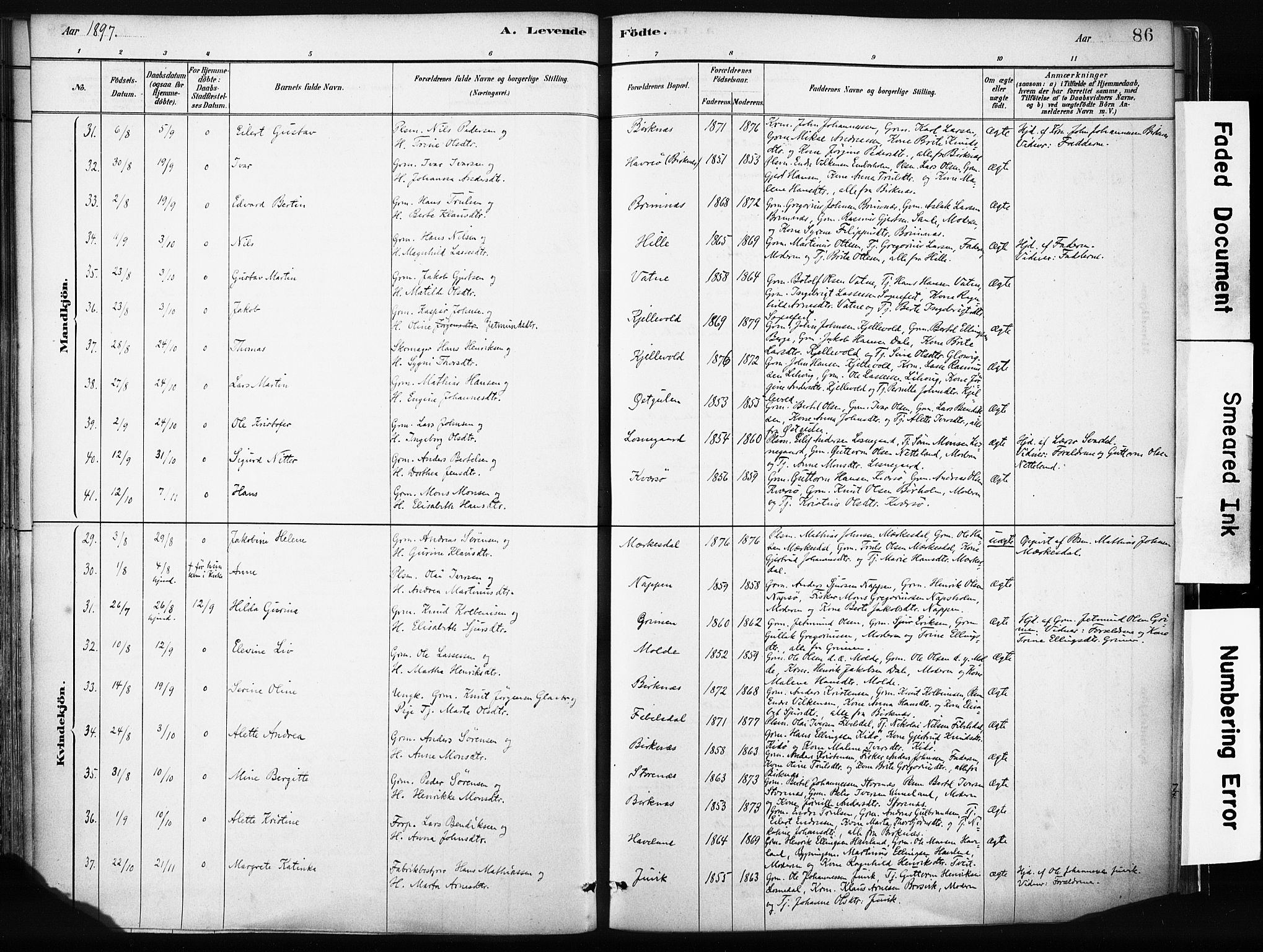 Gulen sokneprestembete, AV/SAB-A-80201/H/Haa/Haab/L0001: Ministerialbok nr. B 1, 1881-1905, s. 86