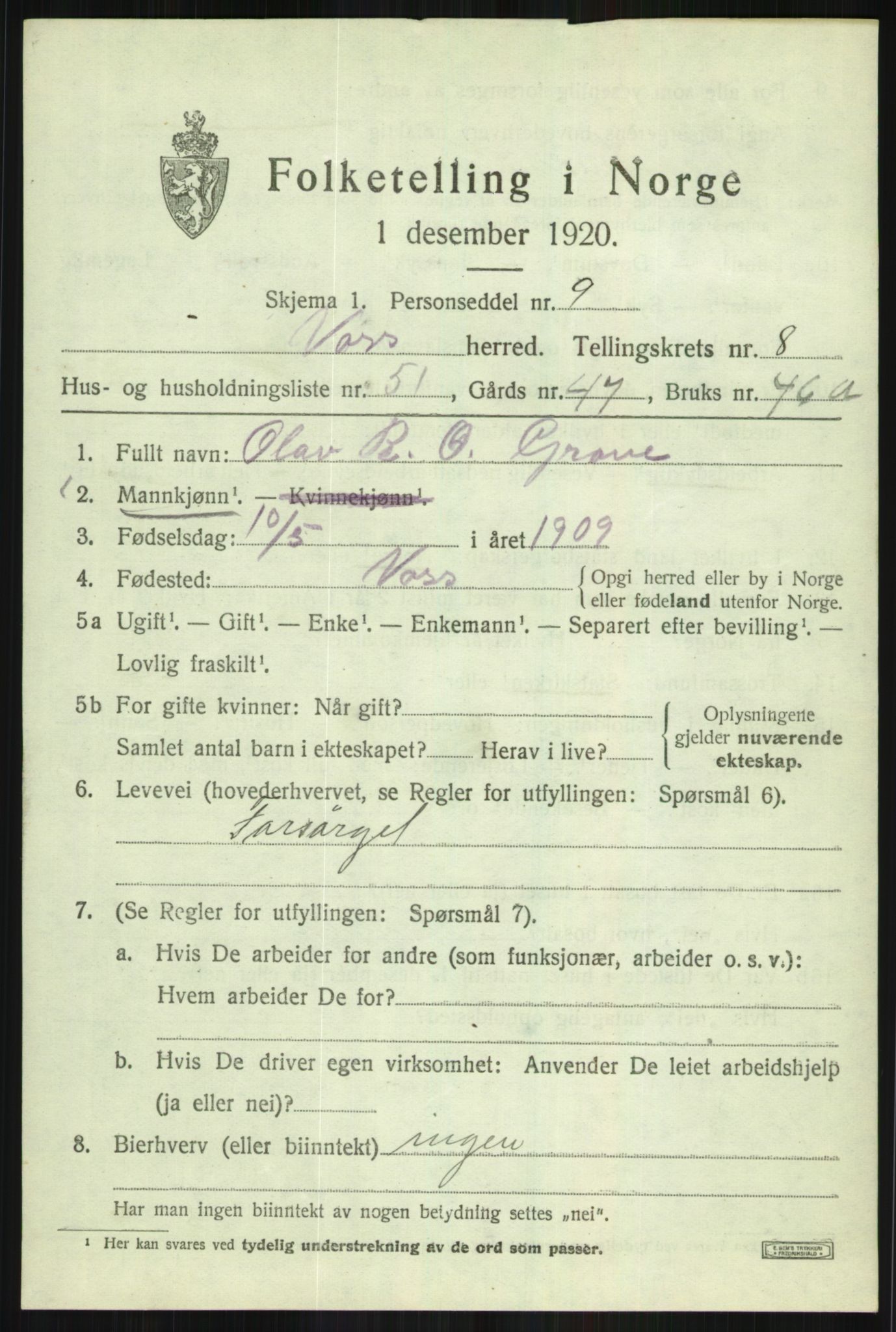 SAB, Folketelling 1920 for 1235 Voss herred, 1920, s. 8559
