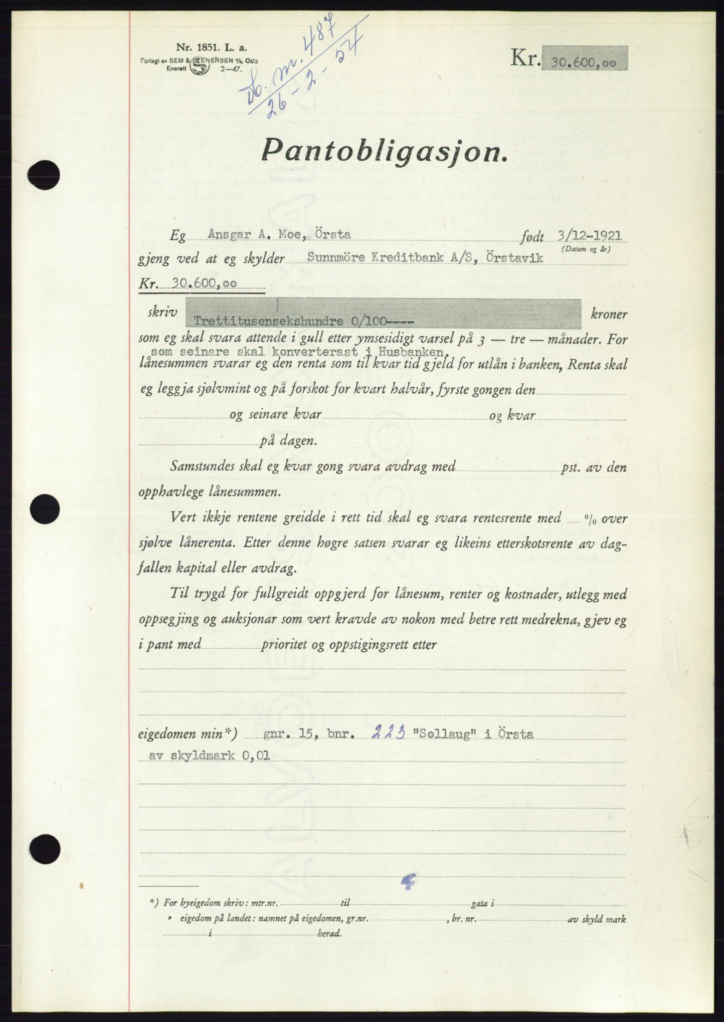 Søre Sunnmøre sorenskriveri, AV/SAT-A-4122/1/2/2C/L0124: Pantebok nr. 12B, 1953-1954, Dagboknr: 487/1954