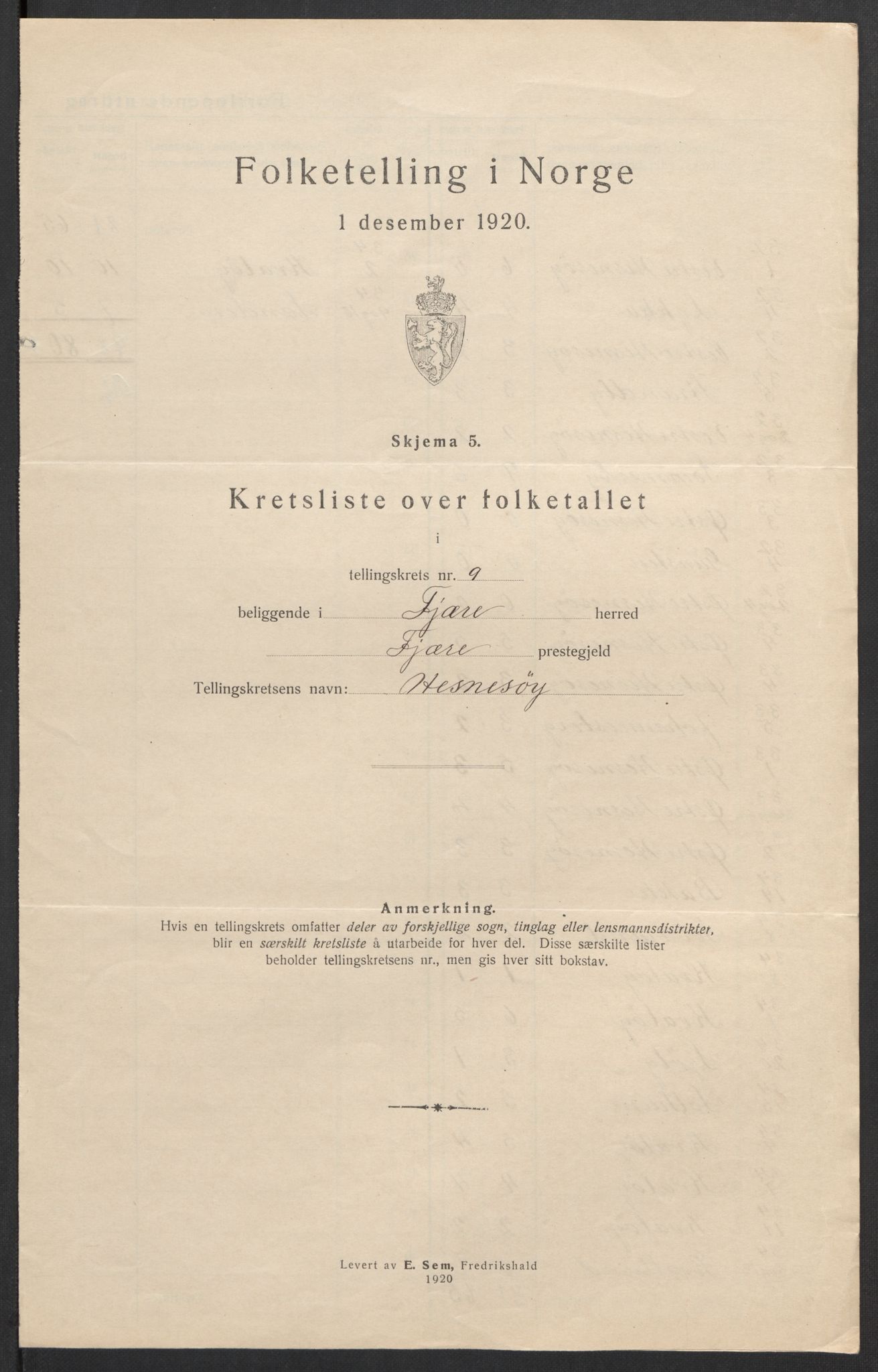 SAK, Folketelling 1920 for 0923 Fjære herred, 1920, s. 45