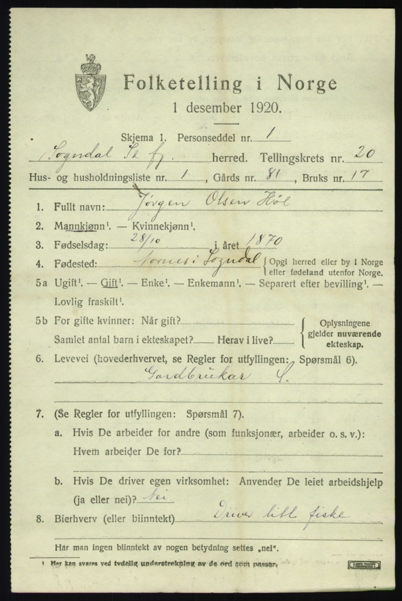 SAB, Folketelling 1920 for 1420 Sogndal herred, 1920, s. 7505