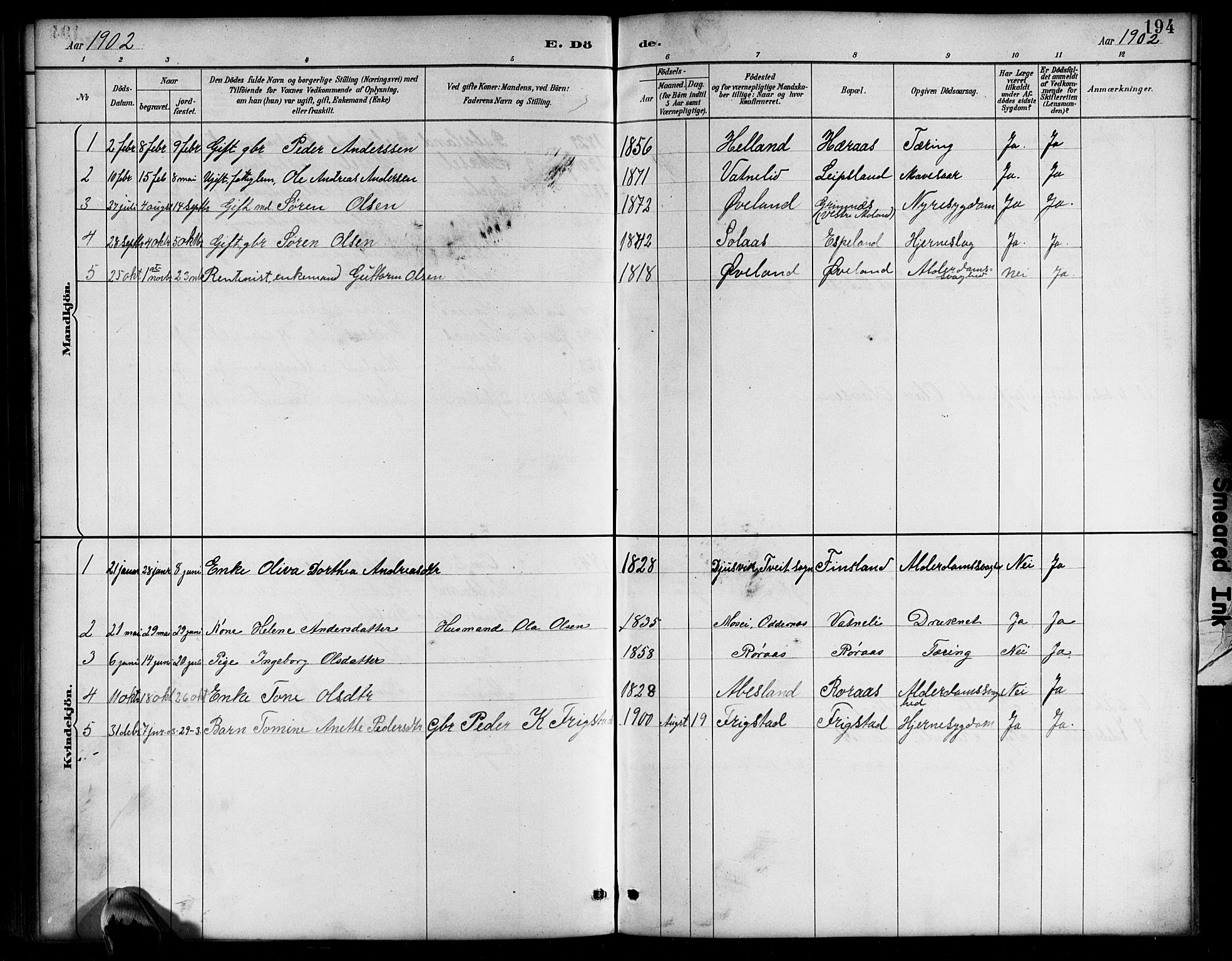 Bjelland sokneprestkontor, AV/SAK-1111-0005/F/Fb/Fbb/L0005: Klokkerbok nr. B 5, 1887-1918, s. 194