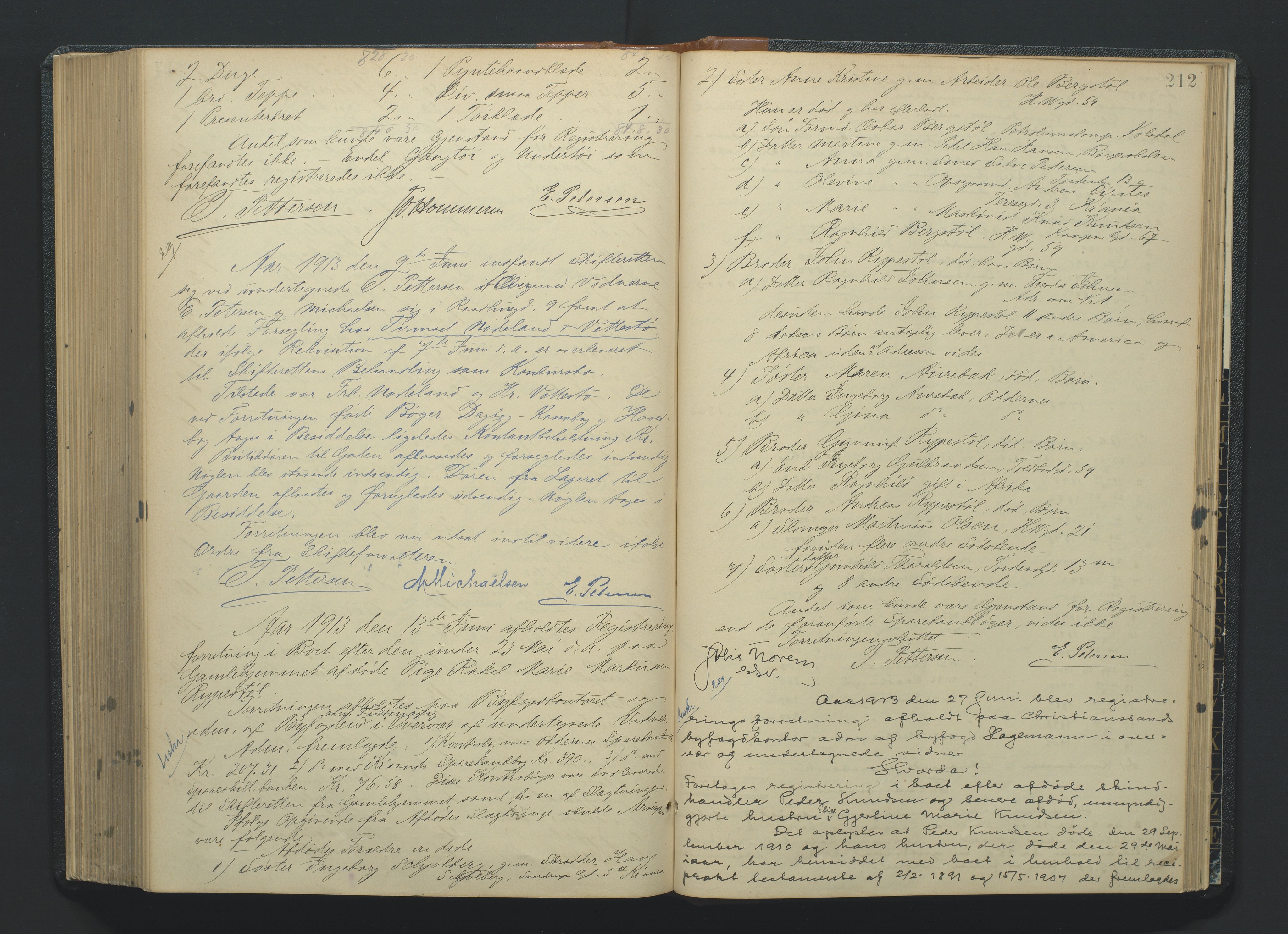 Kristiansand byrett, AV/SAK-1223-0001/H/Hc/L0035: Skifteregistreringsprotokoll nr. 7, med register, 1903-1914, s. 212