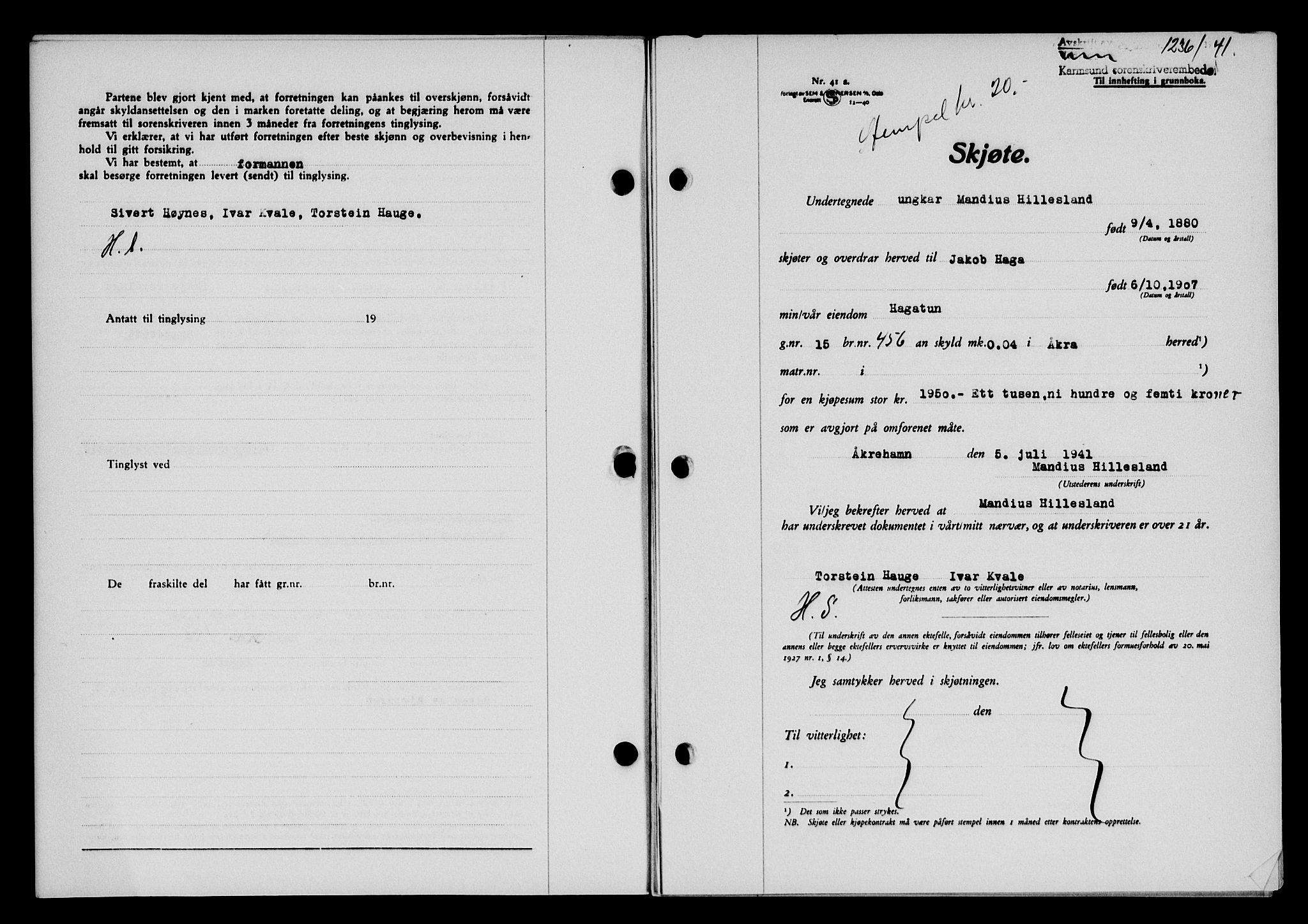 Karmsund sorenskriveri, SAST/A-100311/01/II/IIB/L0075: Pantebok nr. 56A, 1941-1941, Dagboknr: 1236/1941